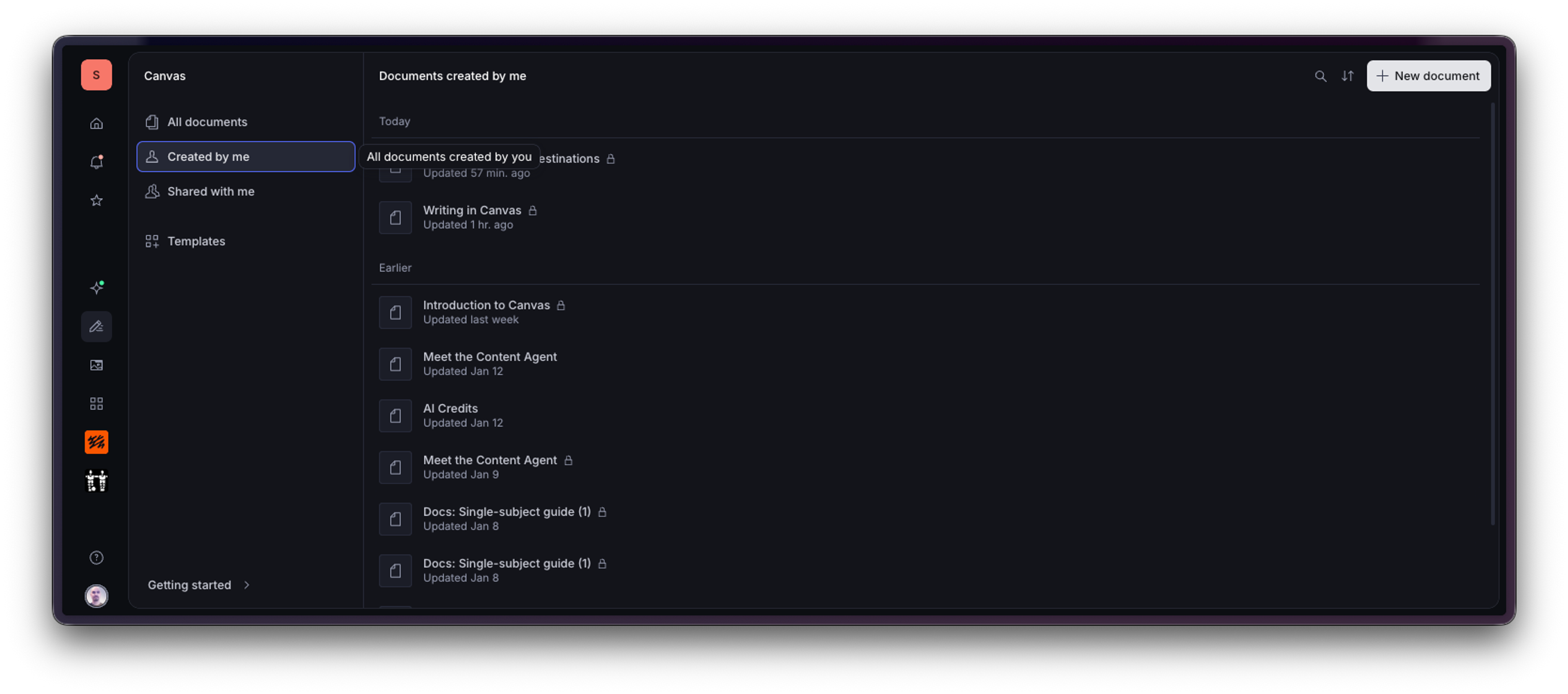 The Canvas document management application interface, with "Created by me" selected in the sidebar, displaying a list of documents.