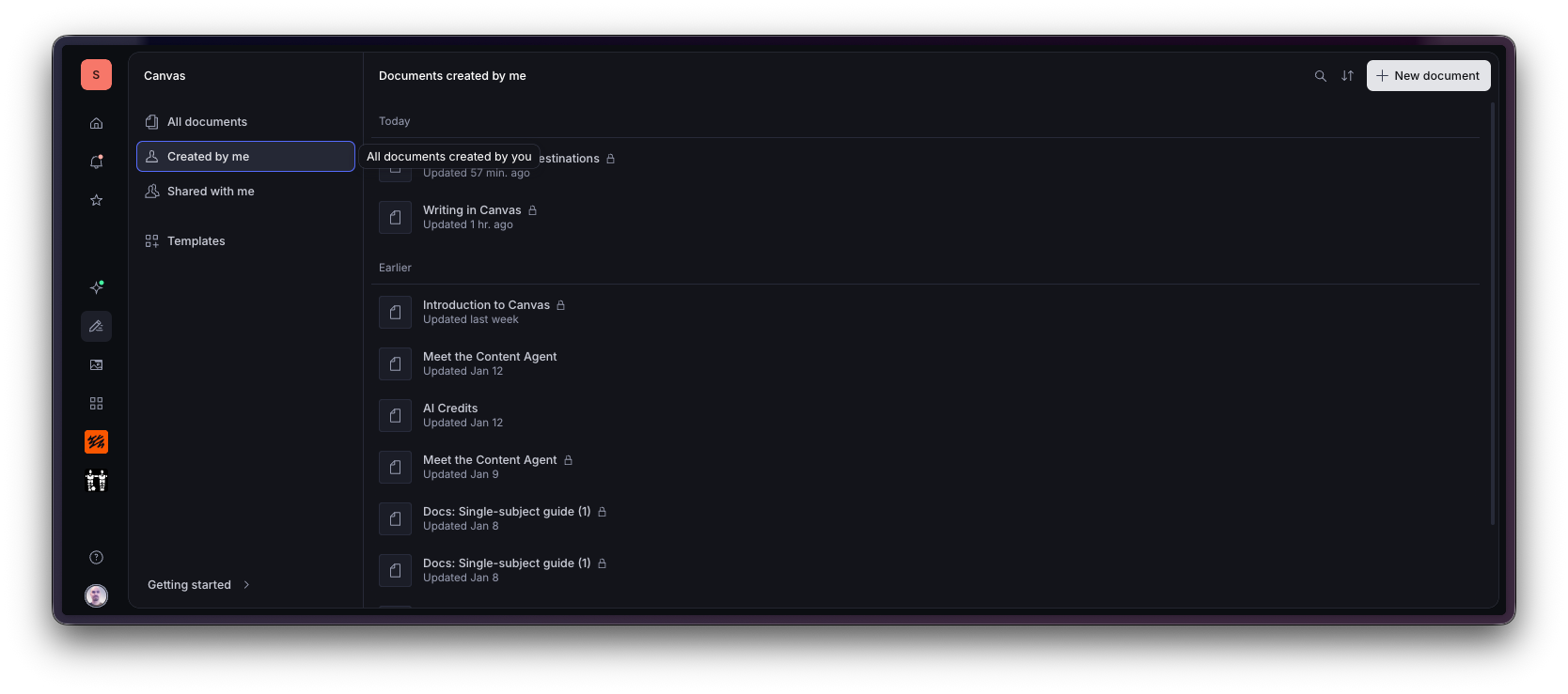 The Canvas document management application interface, with "Created by me" selected in the sidebar, displaying a list of documents.