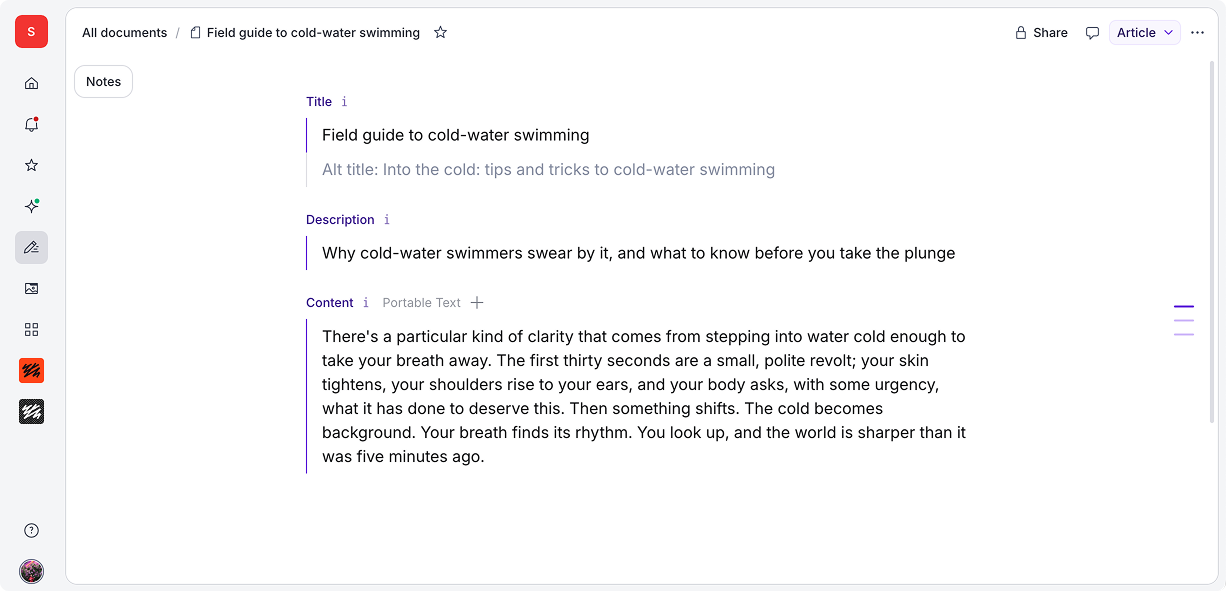 A document editor interface displaying an article titled 'Field guide to cold-water swimming' with related text.