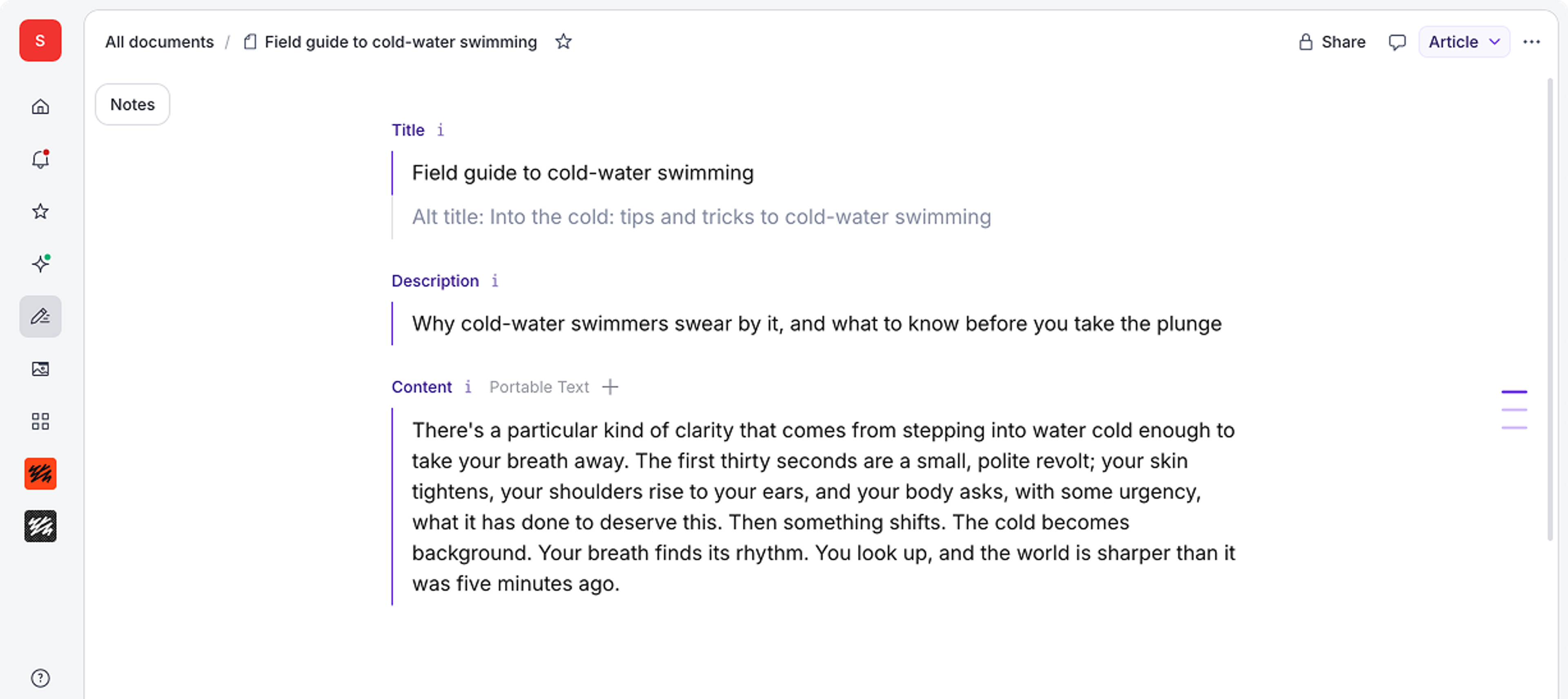 A document editor interface displaying an article titled 'Field guide to cold-water swimming' with related text.