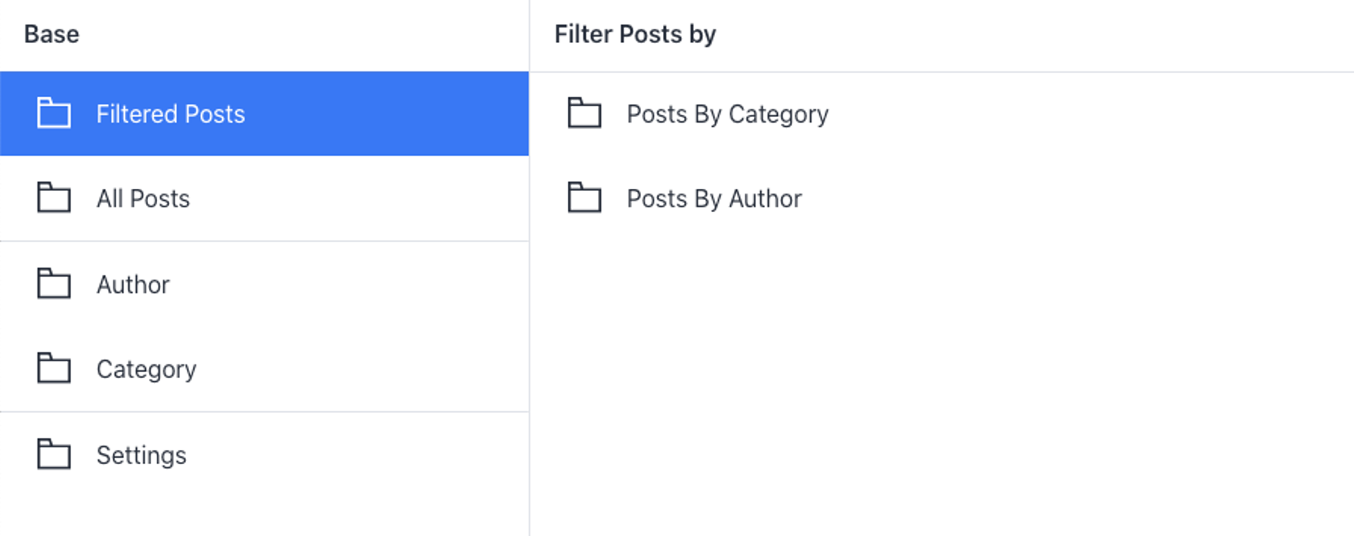 A UI showing a "Base" menu with "Filtered Posts" selected and "Filter Posts by" options for category and author.