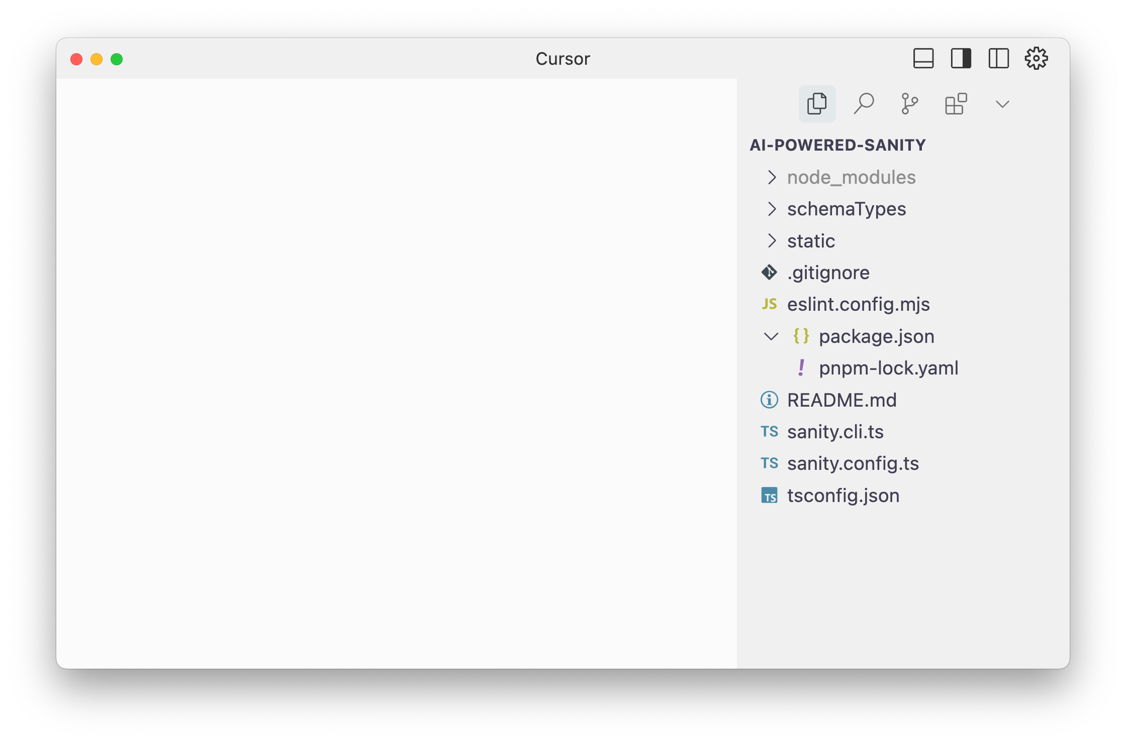 The Cursor code editor with file browser open