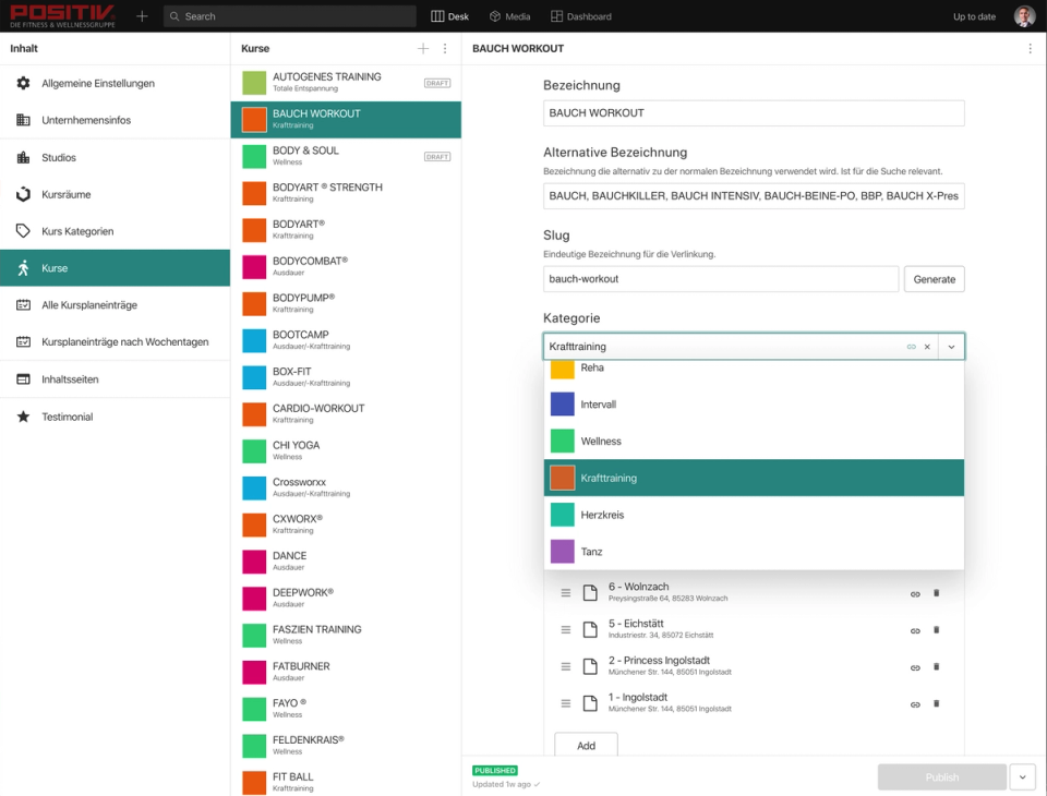 The Sanity Studio of Positiv Fitness showing courses with color coded categories