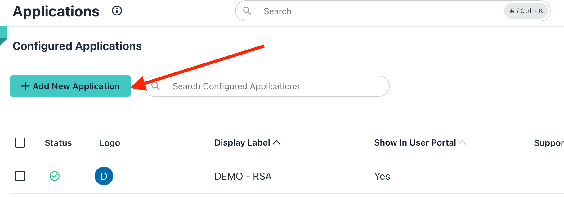 The Applications page in the JumpCloud admin portal, with an arrow pointing to the Add New Application button.