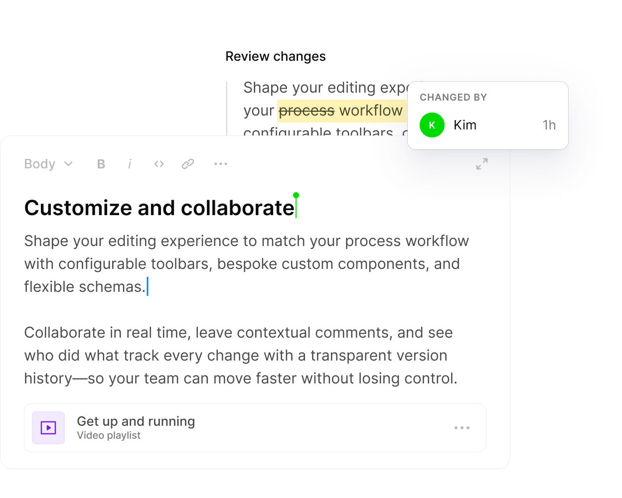A digital document editor displaying features for customizing workflows and real-time collaboration, with a "CHANGED BY Kim" notification.