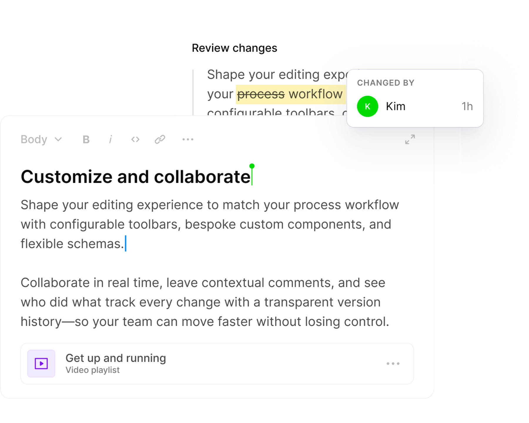 A digital document editor displaying features for customizing workflows and real-time collaboration, with a "CHANGED BY Kim" notification.