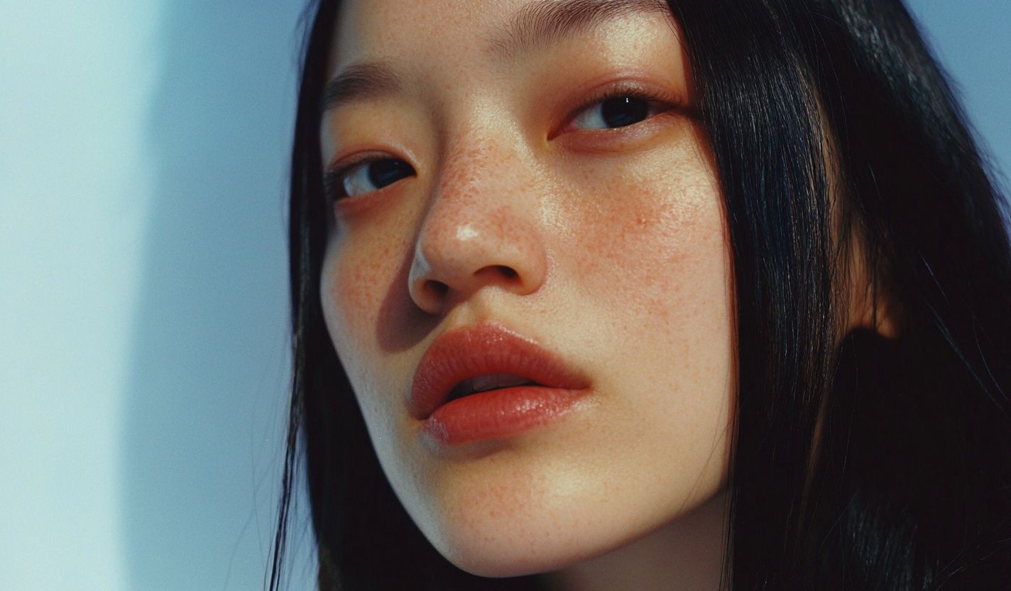 Close-up of an East Asian woman with freckles and glossy lips.