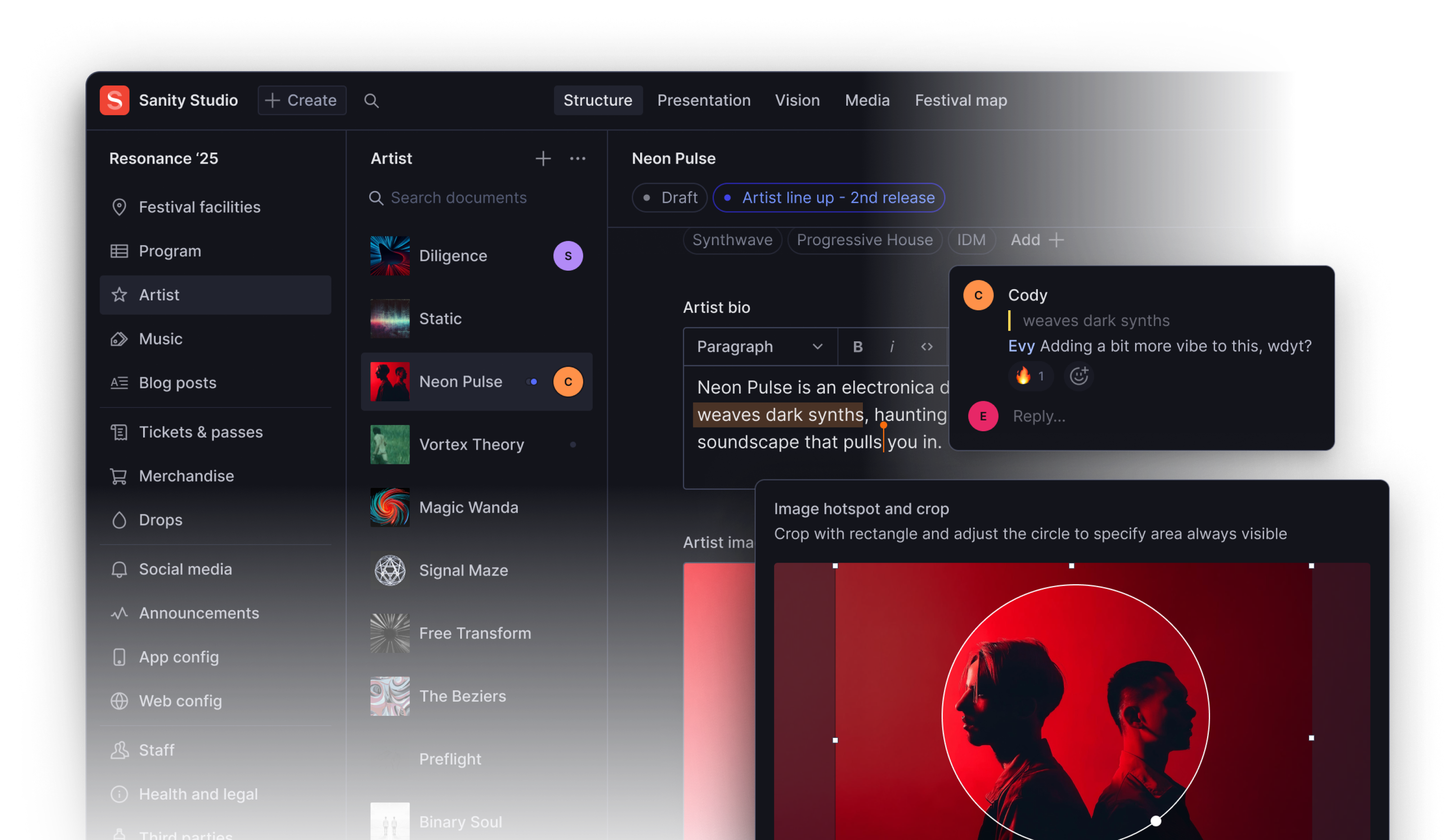 Screenshot of the Sanity Studio and all the elements that content editors can do easily.