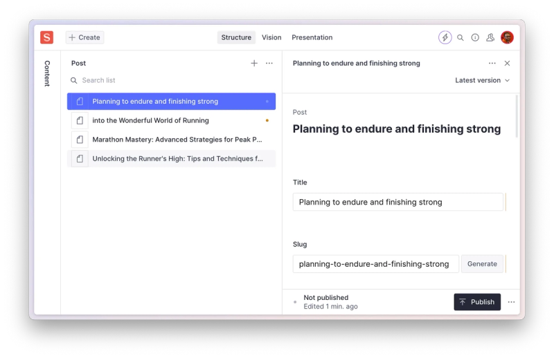 Screenshot of a content management interface displaying a list of posts on the left, including titles such as ‘Planning to endure and finishing strong,’ ‘Into the Wonderful World of Running,’ and ‘Marathon Mastery: Advanced Strategies for Peak Performance.’ The selected post ‘Planning to endure and finishing strong’ is shown on the right, with fields for title and slug, and a ‘Publish’ button at the bottom.