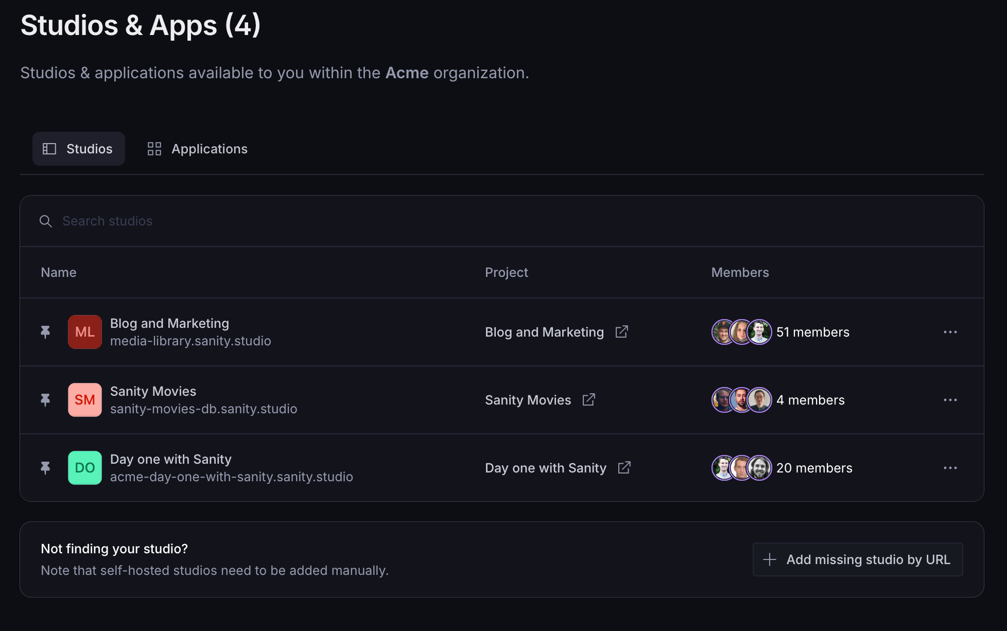 Shows the overview table of studios and apps in Sanity Dashboard with projects members shown next to each list item