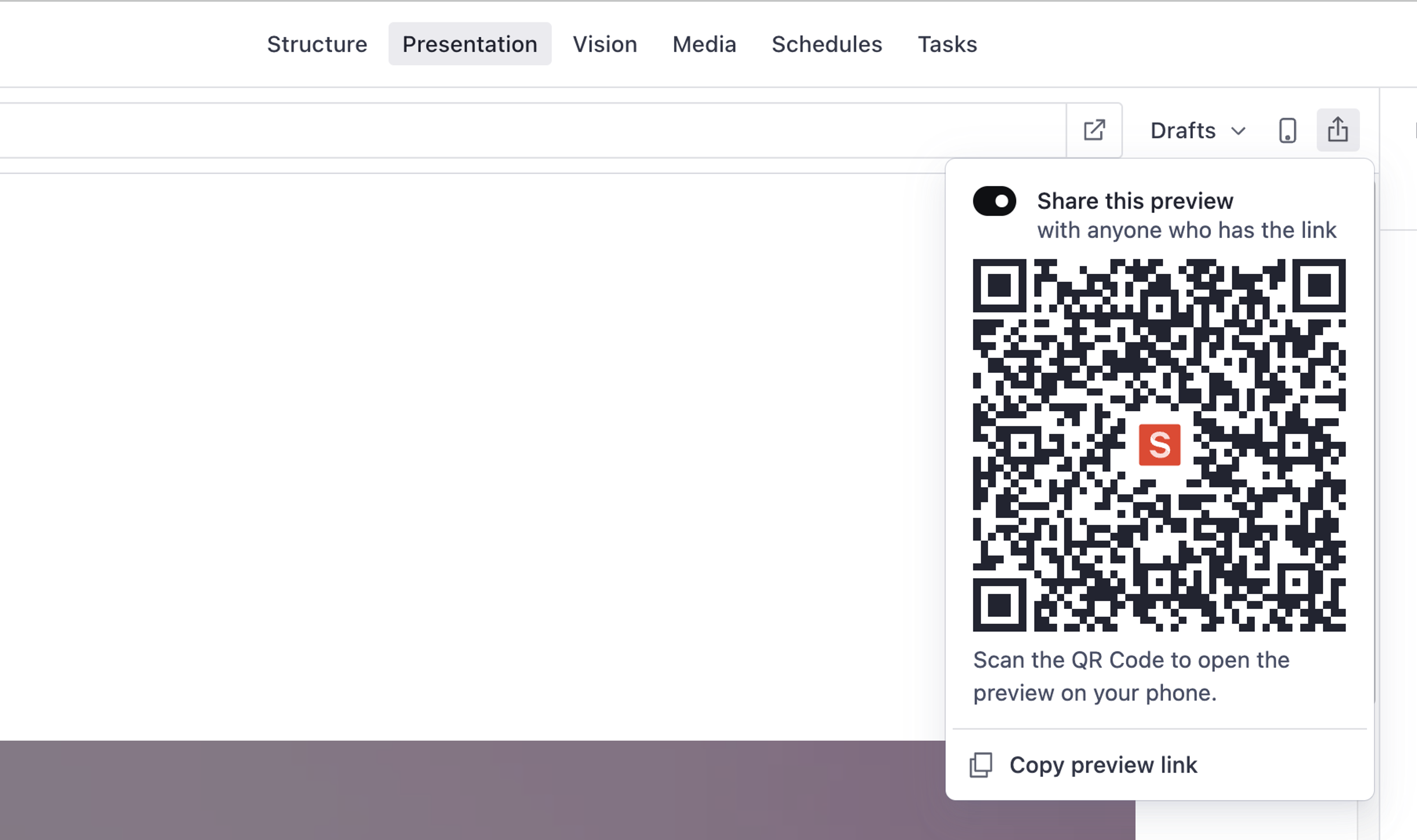 The share preview button displays a scannable QR code
