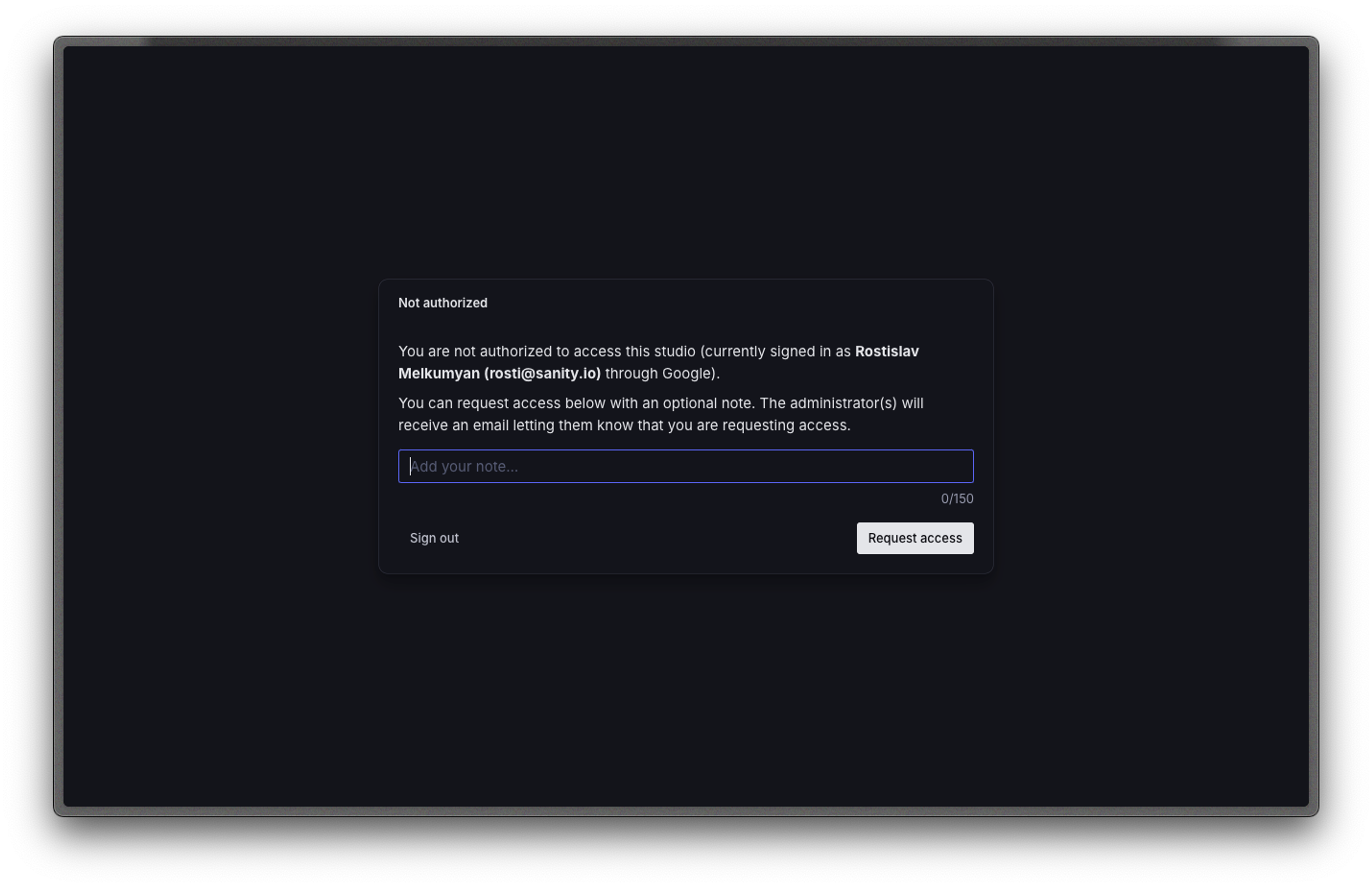 Shows the "request access"-page