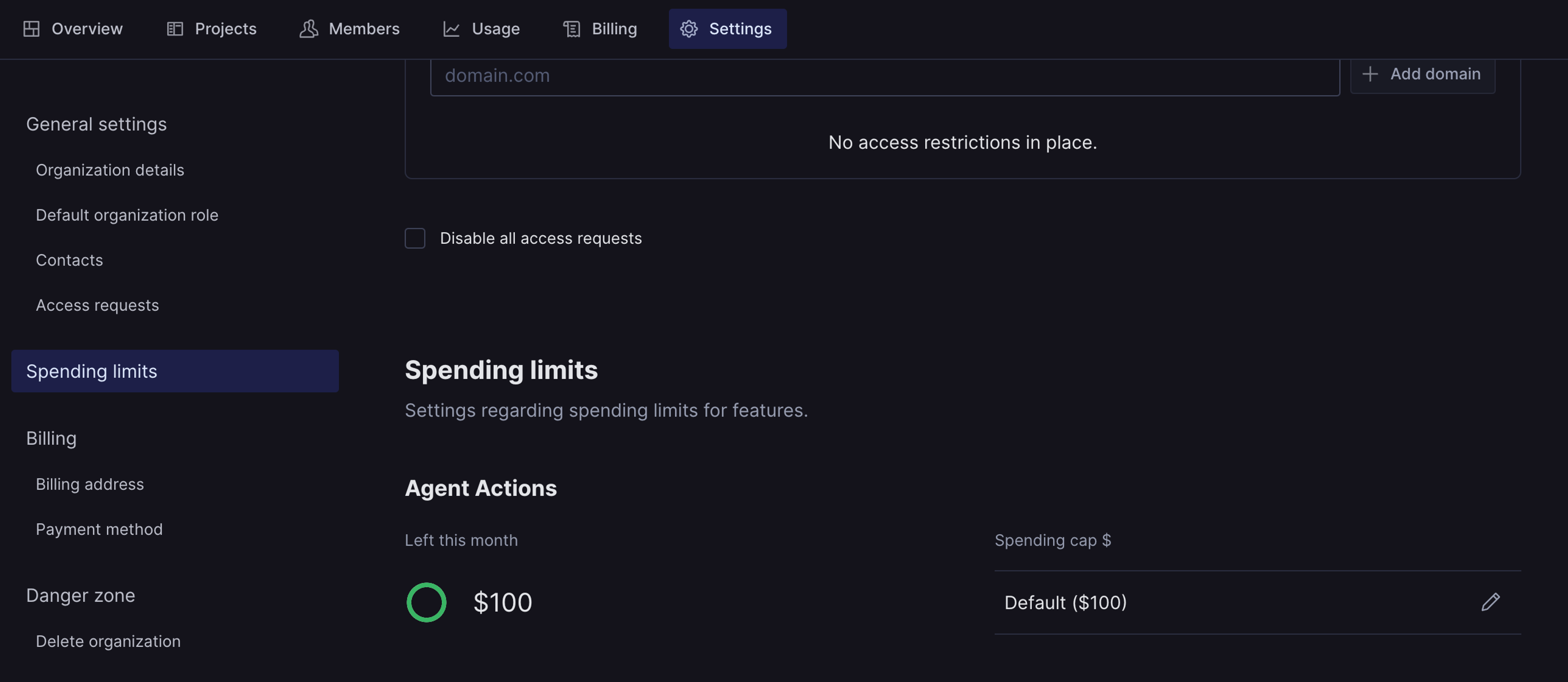 The spending limits settings page located in your Organization settings.