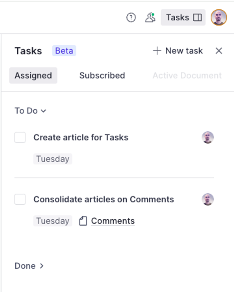 Shows the tasks inbox in Sanity Studio