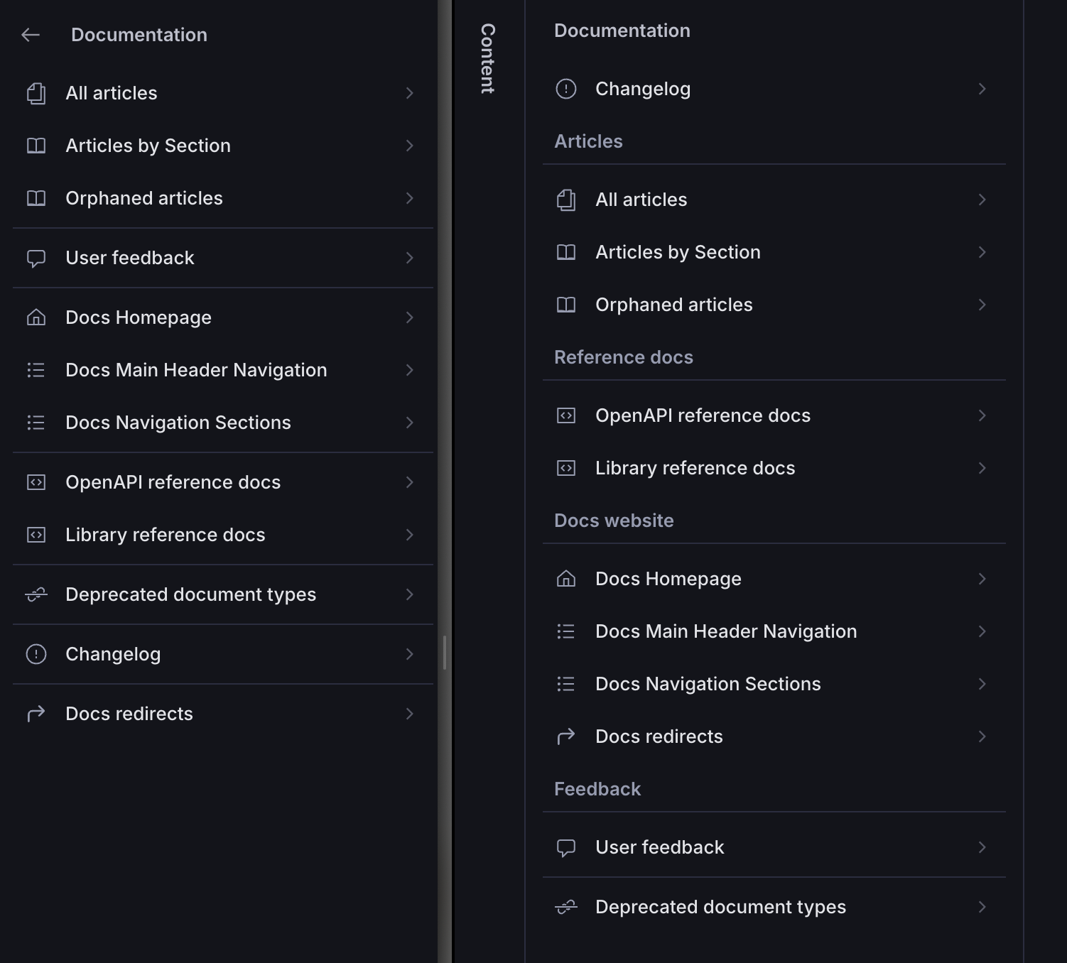 Two dark mode navigation menus for documentation, comparing a single list on the left with a sectioned layout on the right.