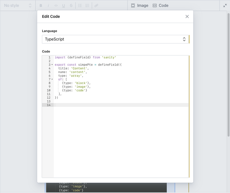 The code editor with some schema code in JavaScript