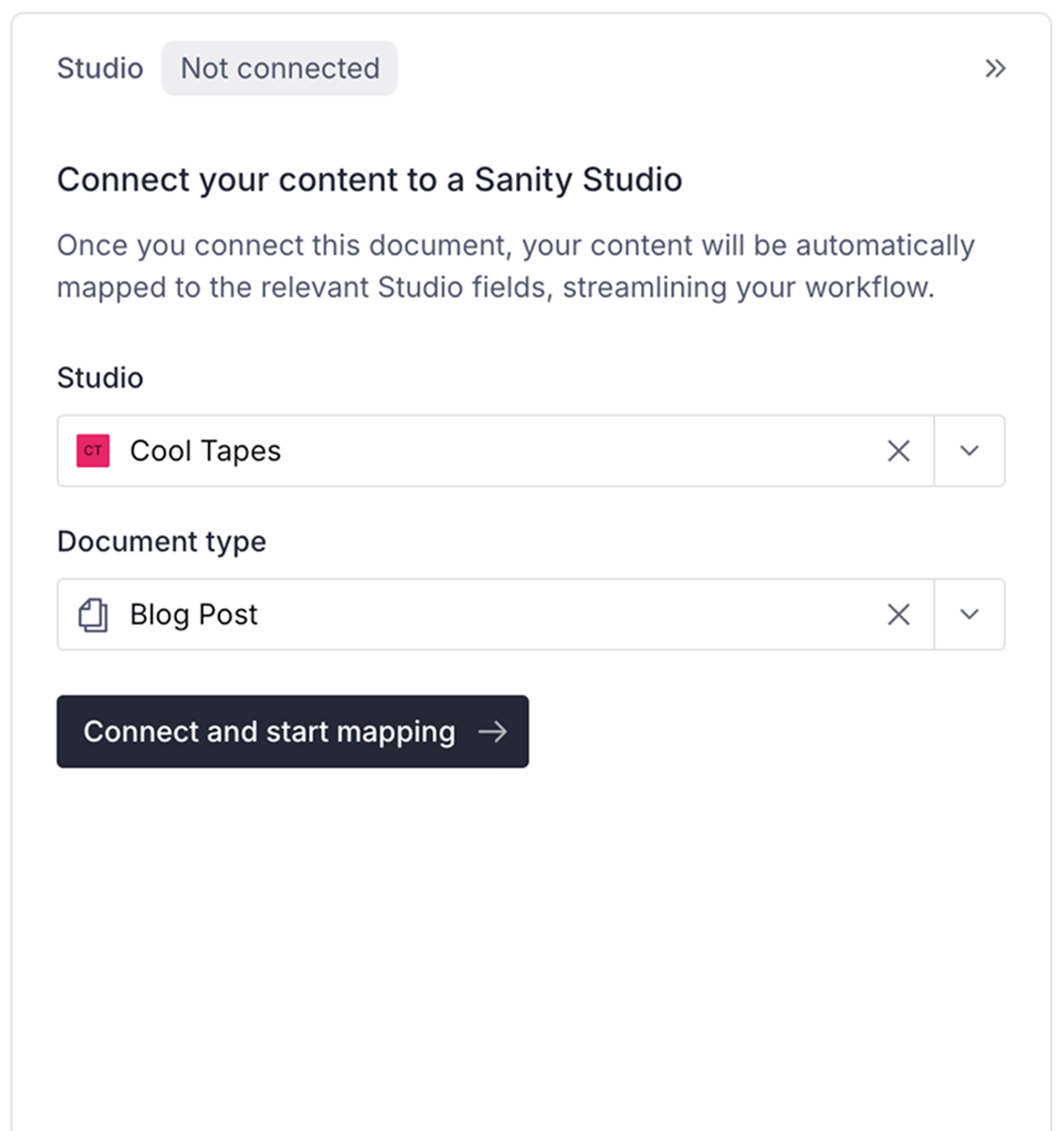 Shows the studio link panel, now populated with the appropriate details