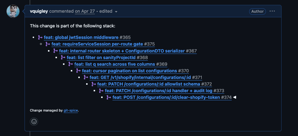 GitHub comment displaying a hierarchical stack of software features or changes.