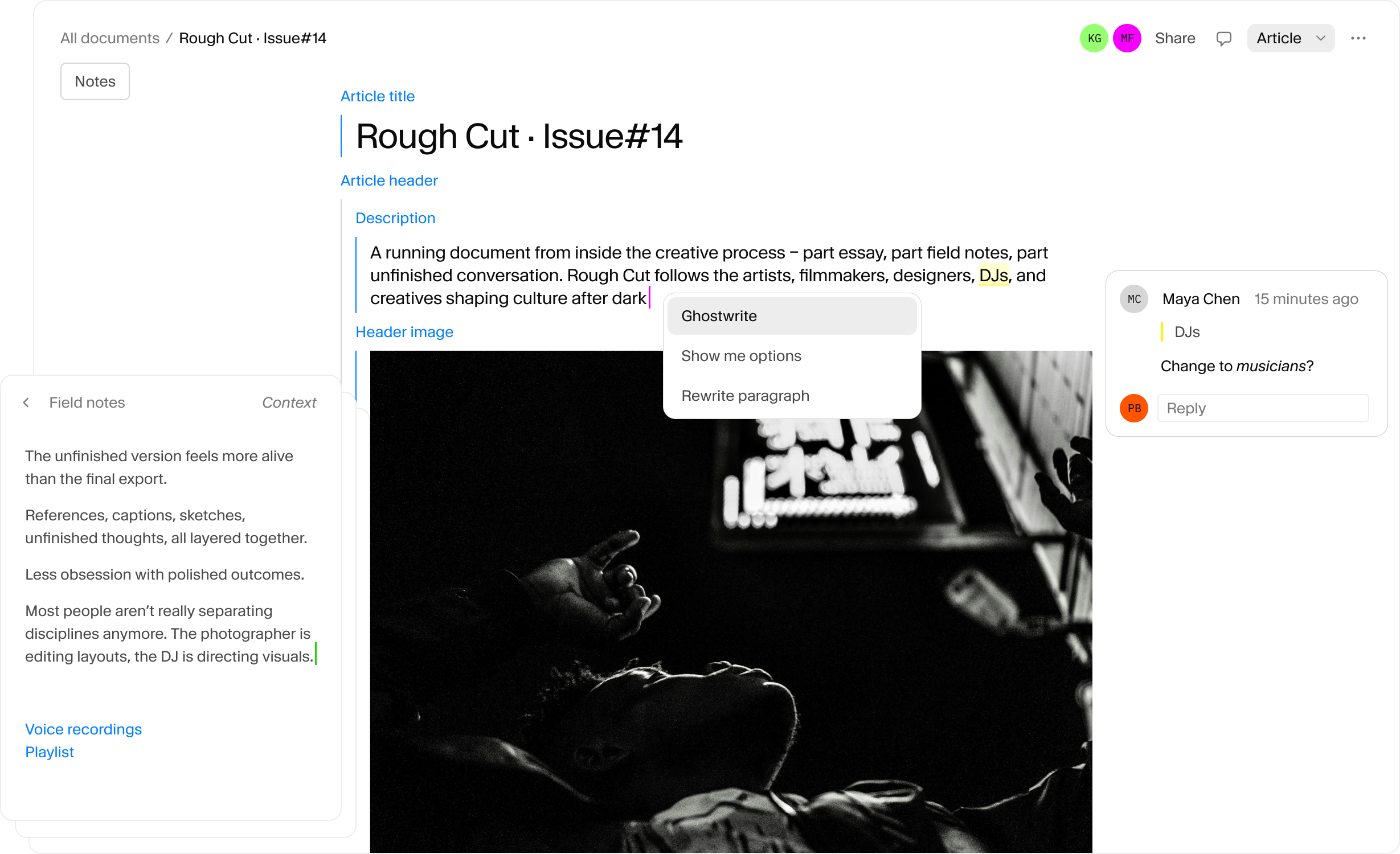 Document editor showing 'Rough Cut - Issue#14' with a black and white photo and a comment asking to change 'DJs' to 'musicians'.