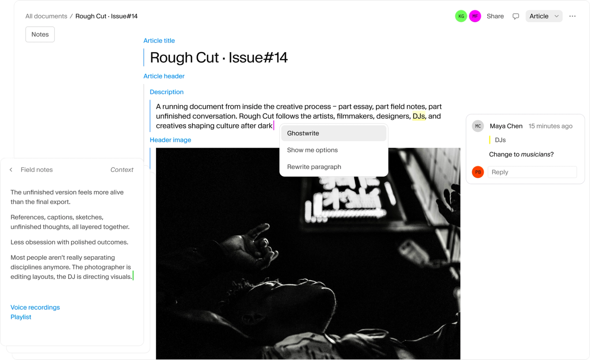 Document editor showing 'Rough Cut - Issue#14' with a black and white photo and a comment asking to change 'DJs' to 'musicians'.