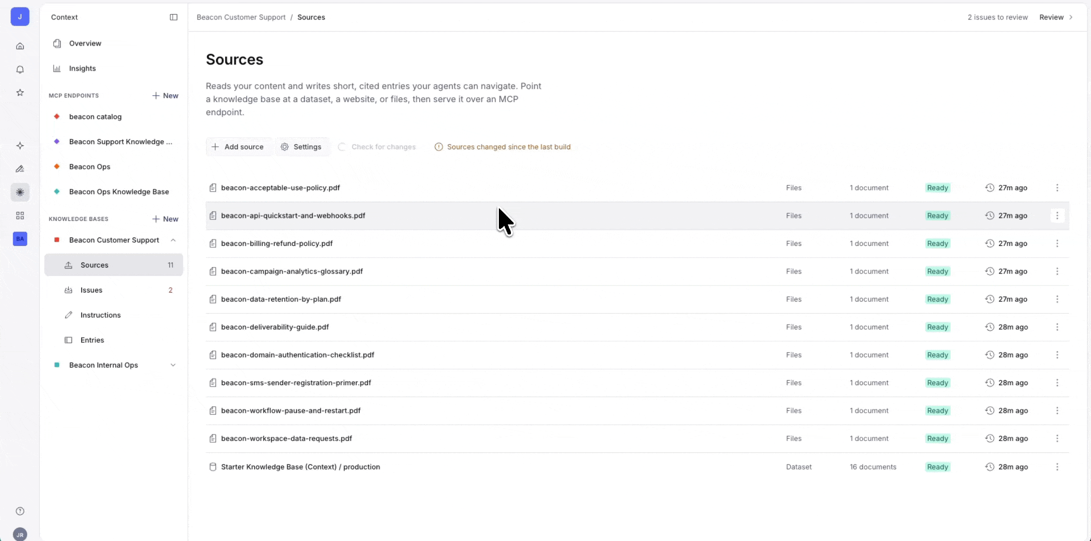 A web application displaying a "Sources" page, listing various PDF documents like policies and guides, with a cursor hovering over an item.