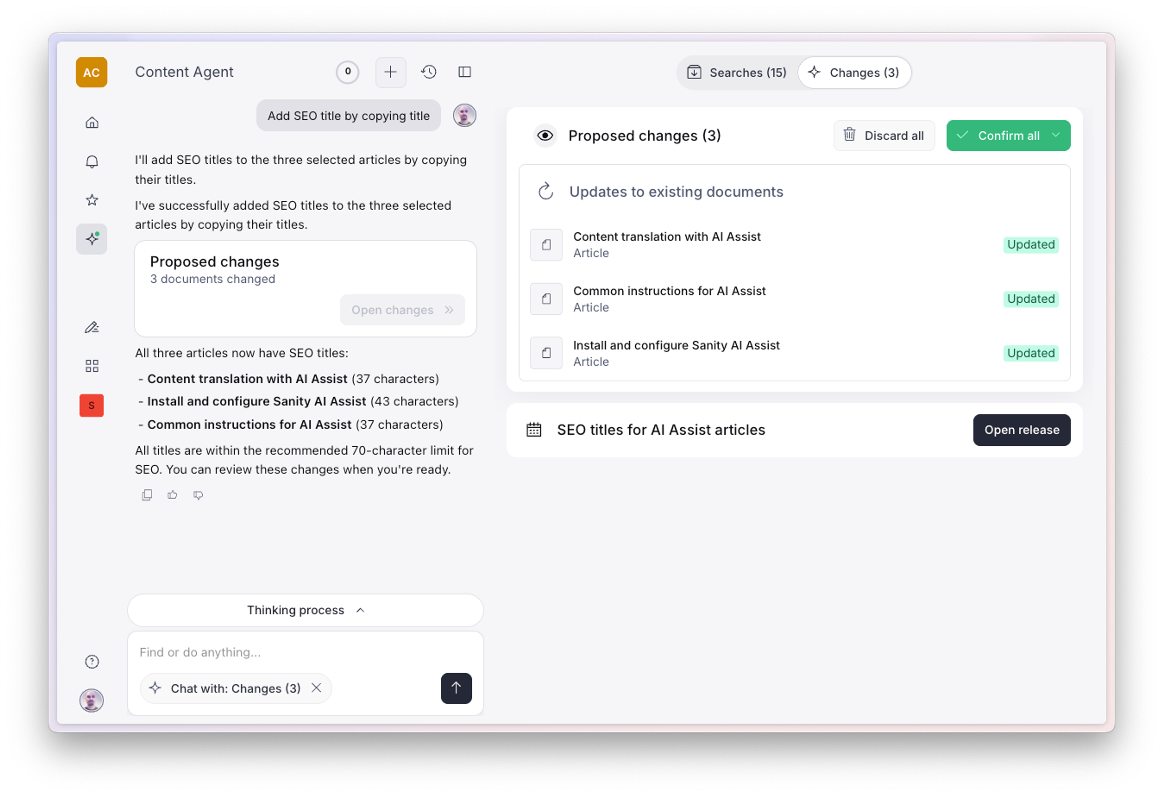 A user interface for a Content Agent application showing proposed SEO title changes and document updates.