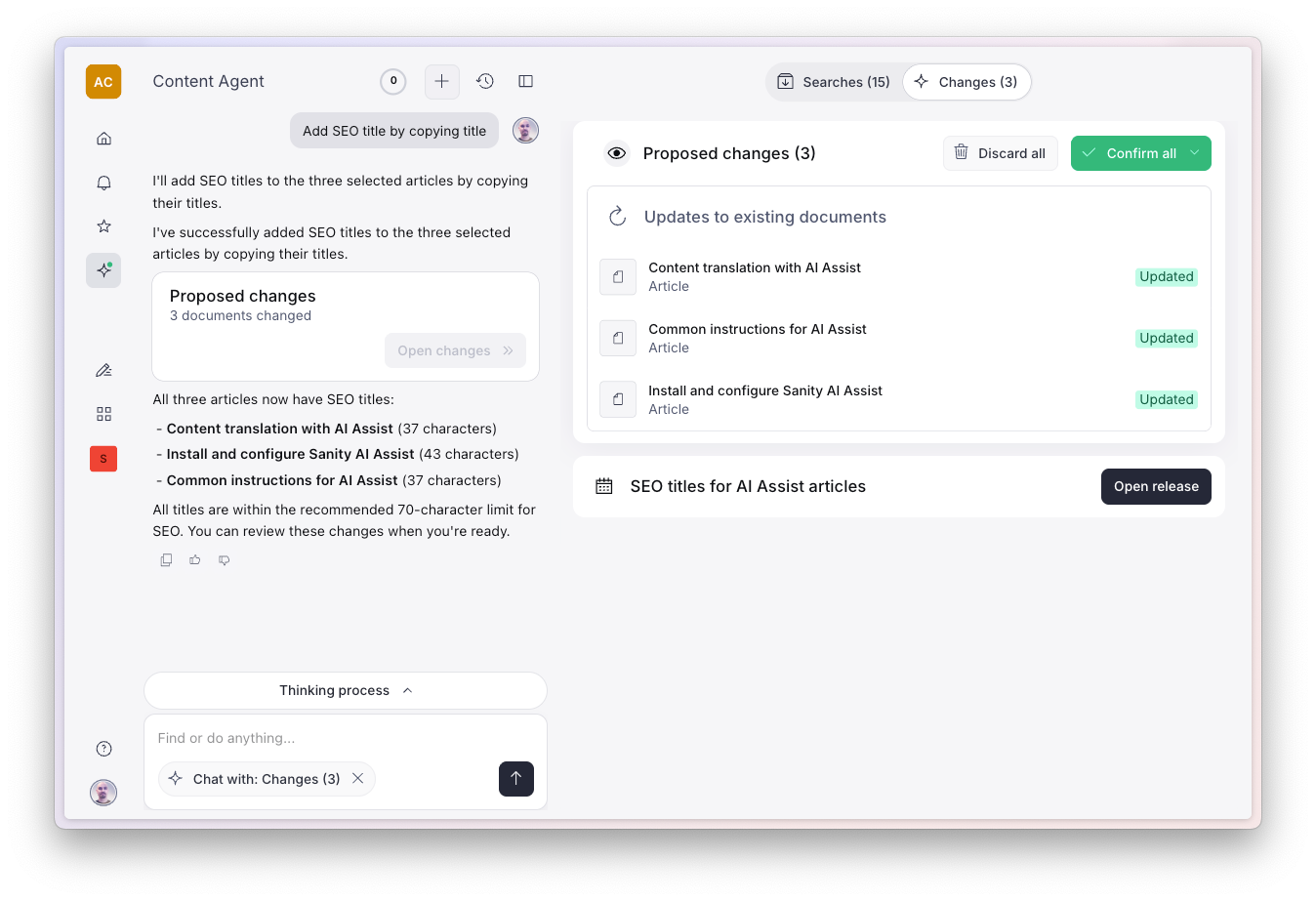 A user interface for a Content Agent application showing proposed SEO title changes and document updates.