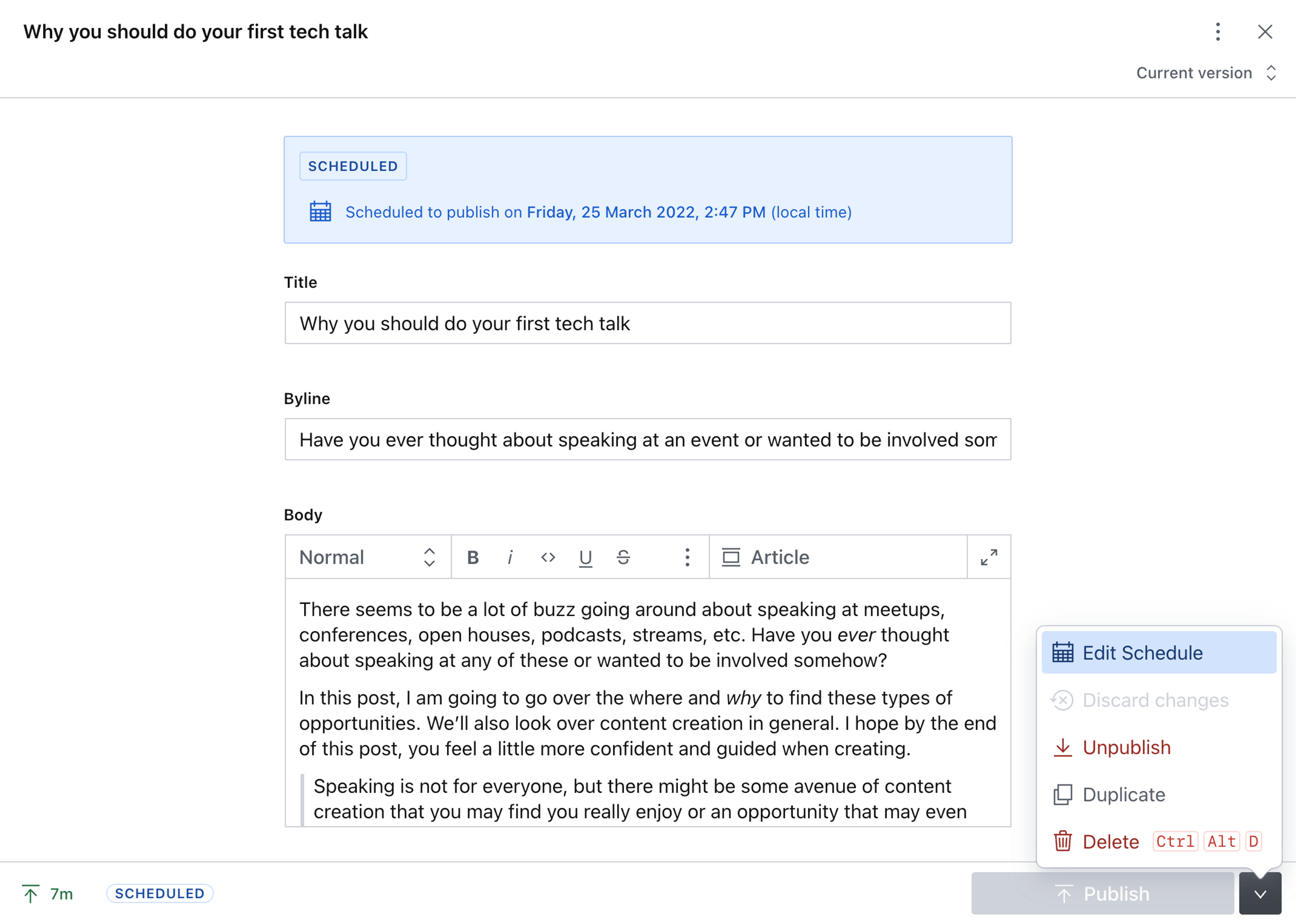 Shows a scheduled post being edited in Sanity Studio