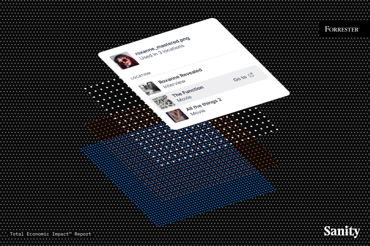 A white interface card shows a file "roxanne_mastered.png" linked to multiple content locations like interviews and movies, floating over an abstract background of white, orange, and blue dots.