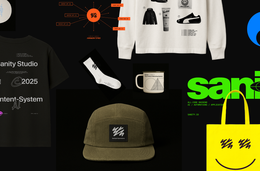 A dark-themed collage showcasing branded merchandise including t-shirts, a cap, mug, tote bag, and socks, alongside various digital design elements and logos, prominently featuring "Sanity" branding.