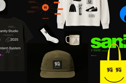 A dark-themed collage showcasing branded merchandise including t-shirts, a cap, mug, tote bag, and socks, alongside various digital design elements and logos, prominently featuring "Sanity" branding.