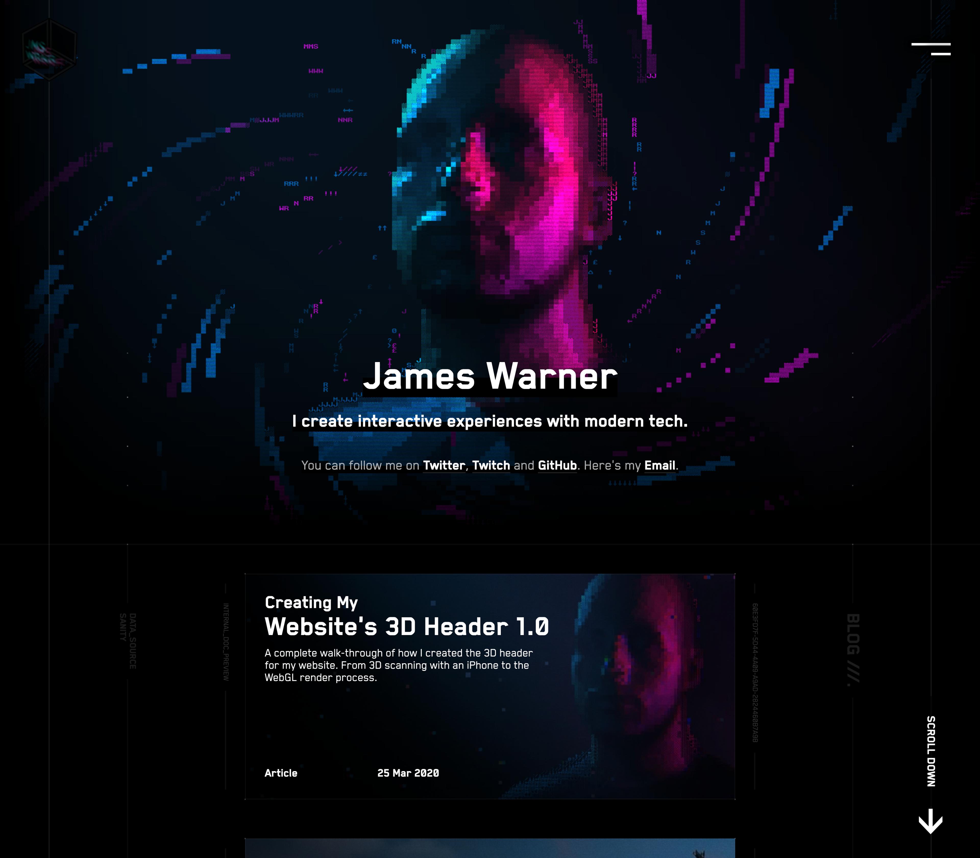 The animated frontpage of James Warner’s website