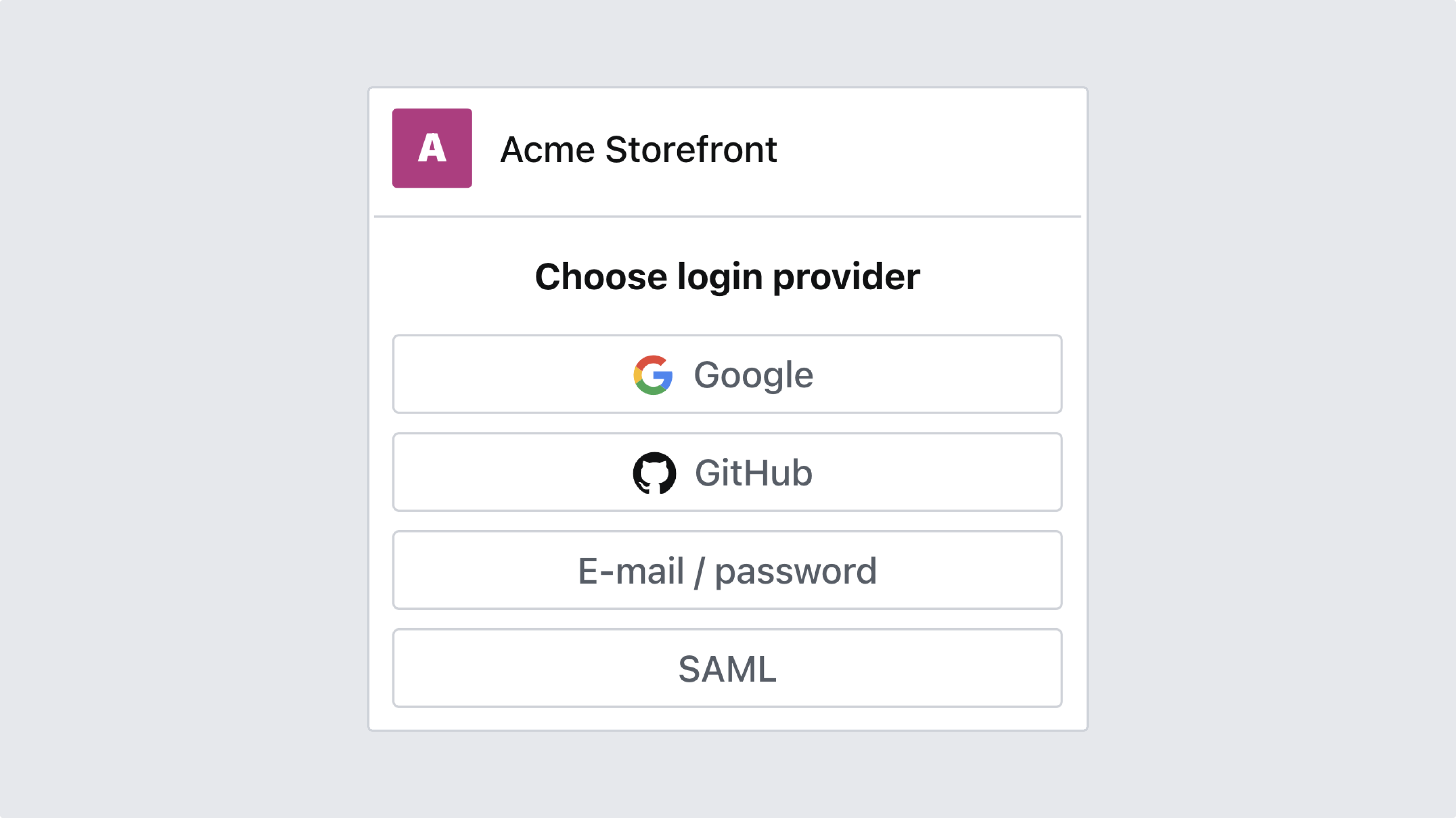 The Sanity Studio login screen with four options: “Google”, “GitHub”, “E-mail / password”, and “SAML”.