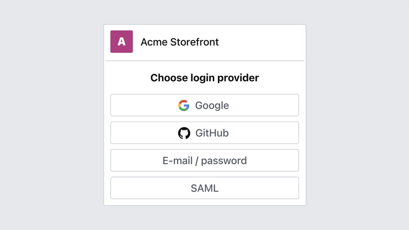 Shows the Sanity Studio login screen with the following alternative for logging in: "Google", "Github", "E-mail / password", and "SAML"
