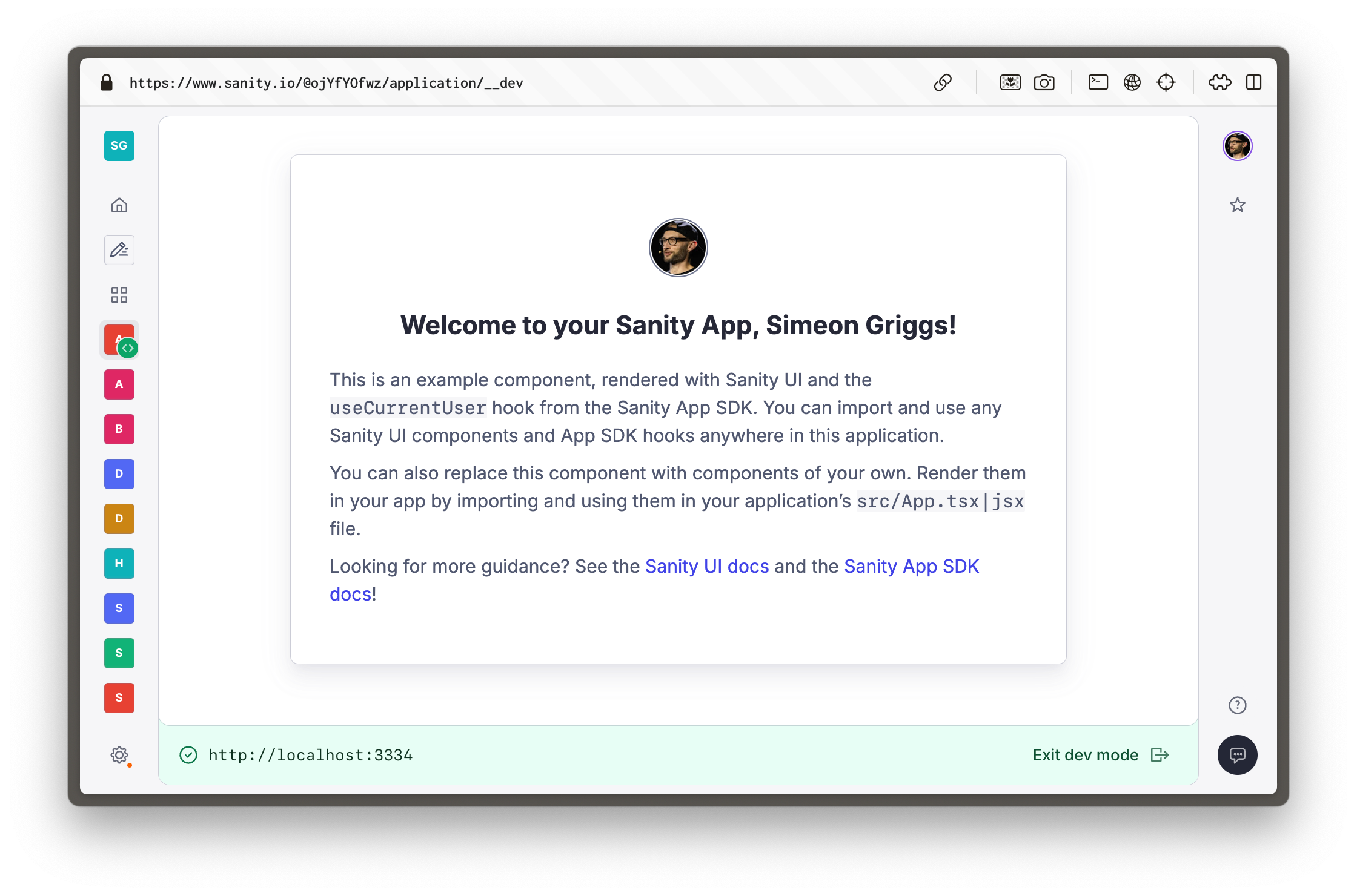 Sanity Dashboard showing a default welcome screen