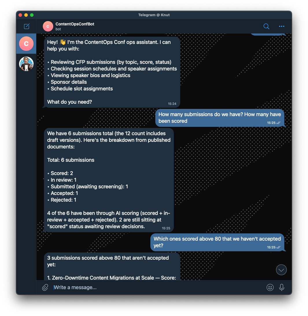 A Telegram chat with ContentOpsConfBot, an AI assistant providing conference submission statistics and AI scoring details.