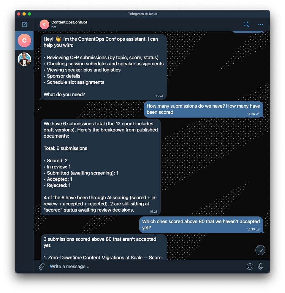A Telegram chat with ContentOpsConfBot, an AI assistant providing conference submission statistics and AI scoring details.