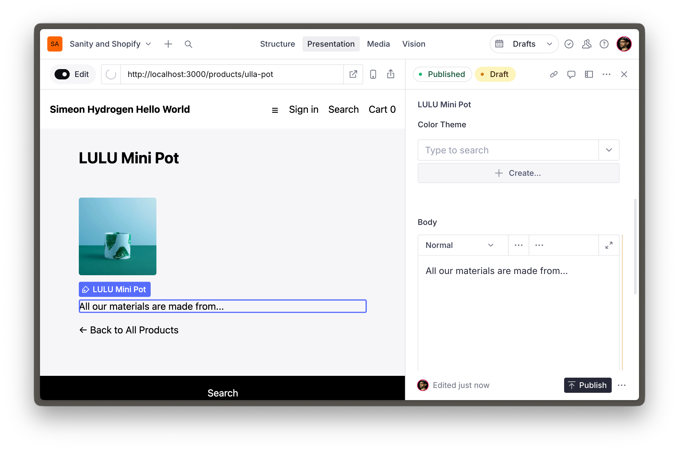 Sanity Studio showing Presentation tool