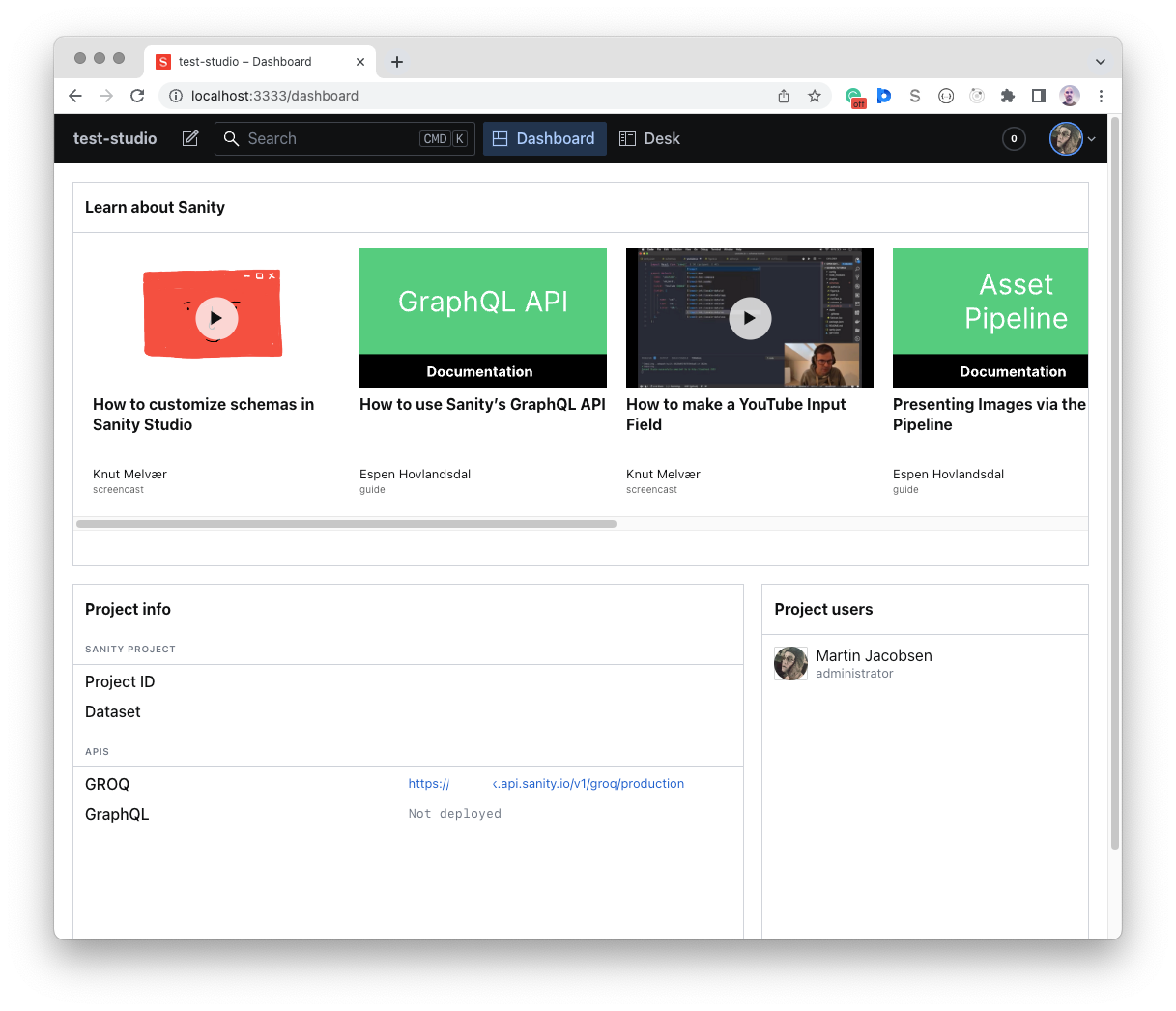 The Dashboard in Sanity Studio with a feed of tutorials, a project info widget, and a project users widget.