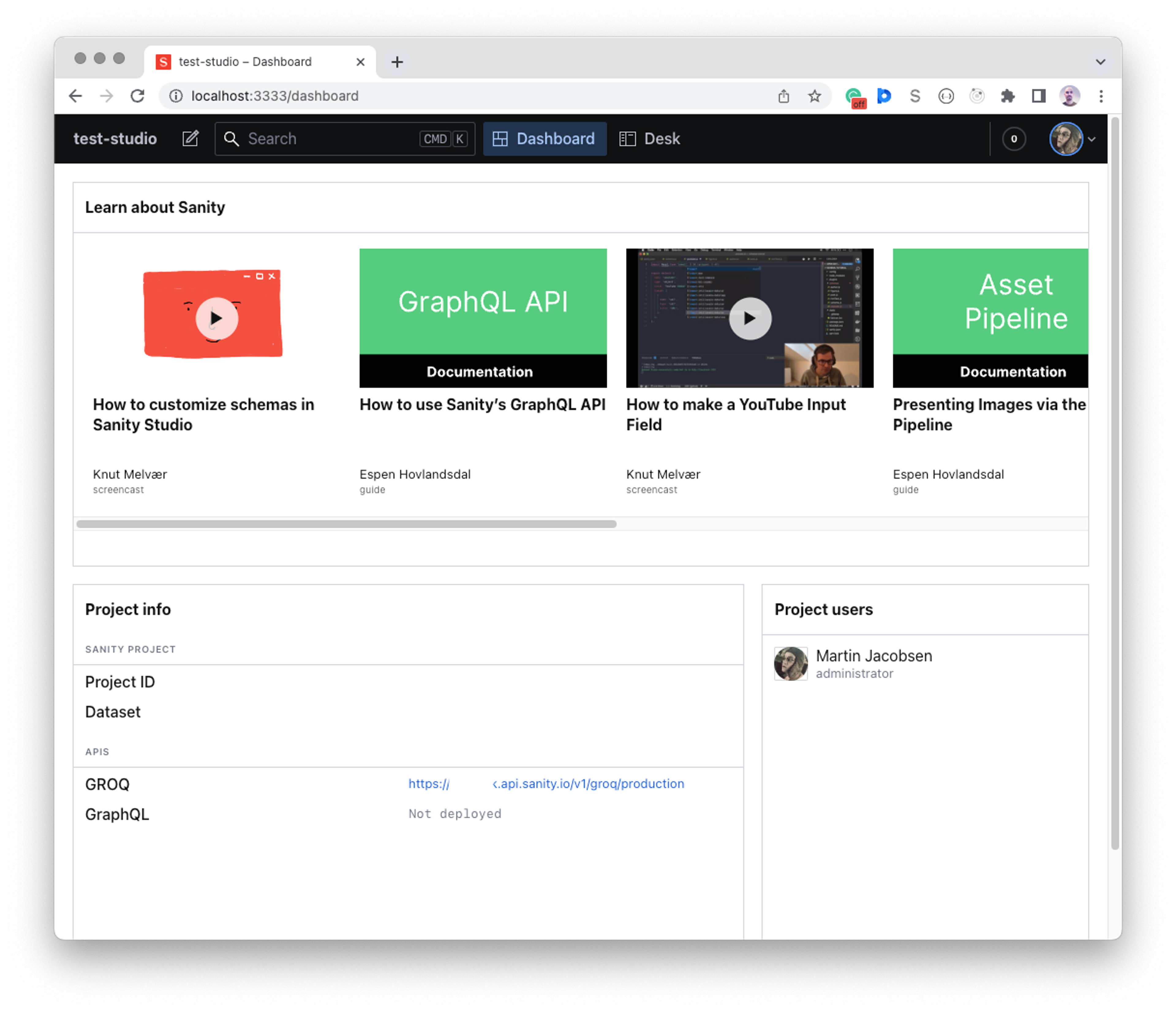 The Dashboard in Sanity Studio with a feed of tutorials, a project info widget, and a project users widget.