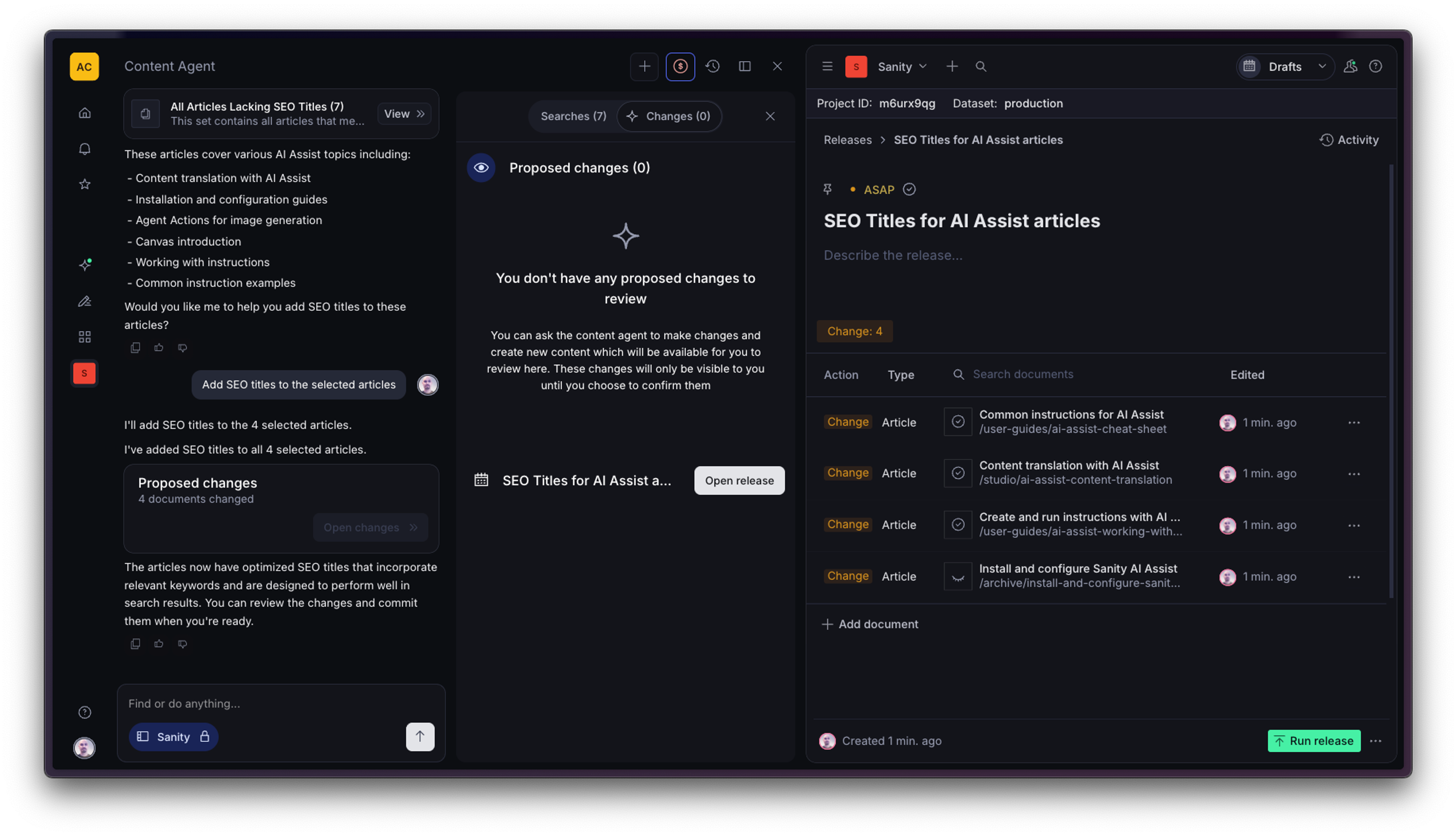 An AI content agent interface showing articles with updated SEO titles, listed in a release management panel.