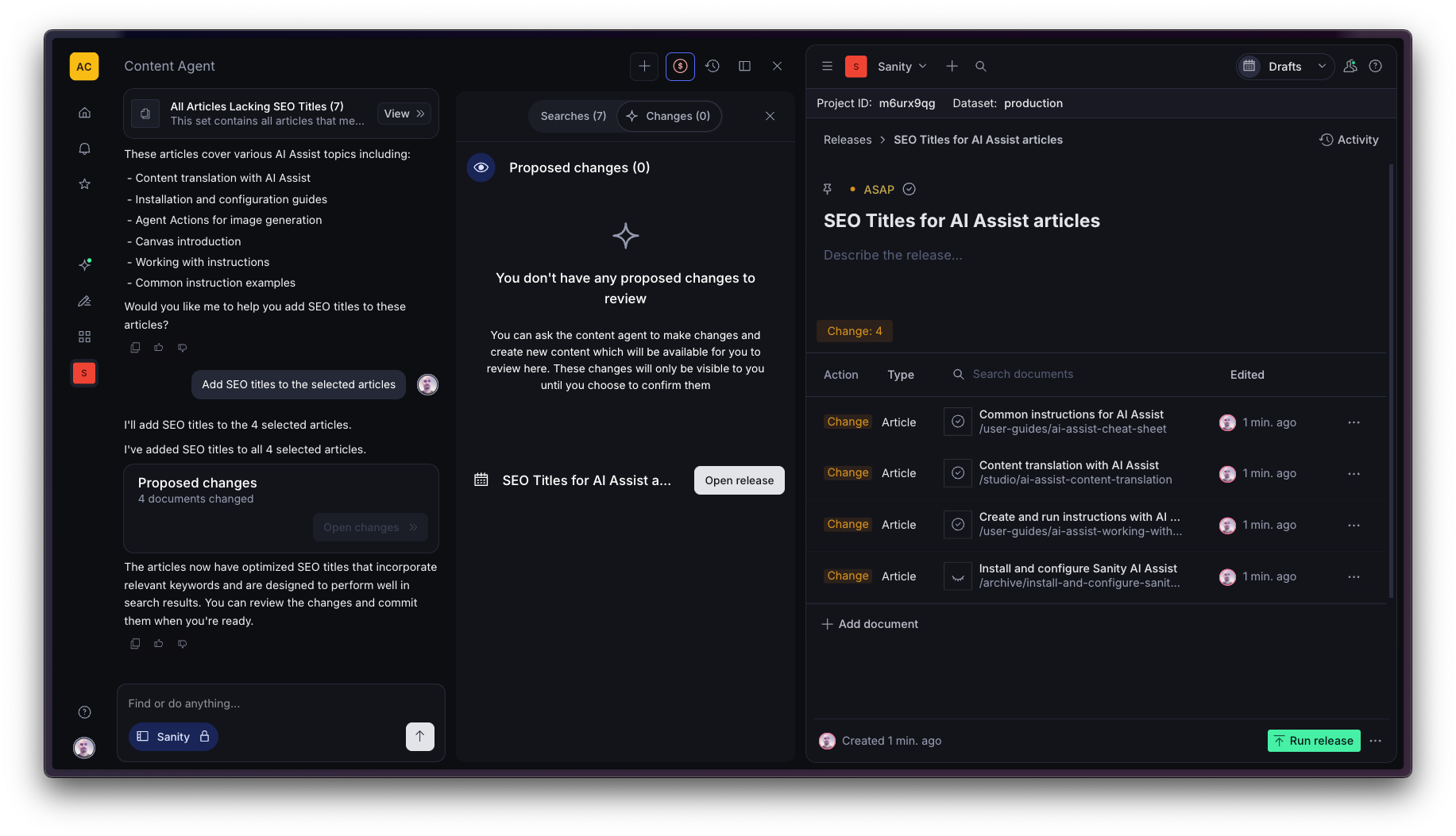 An AI content agent interface showing articles with updated SEO titles, listed in a release management panel.
