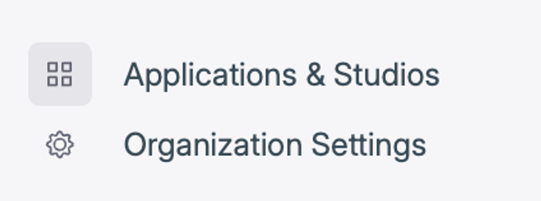 a screenshot of the application and studios organization settings page