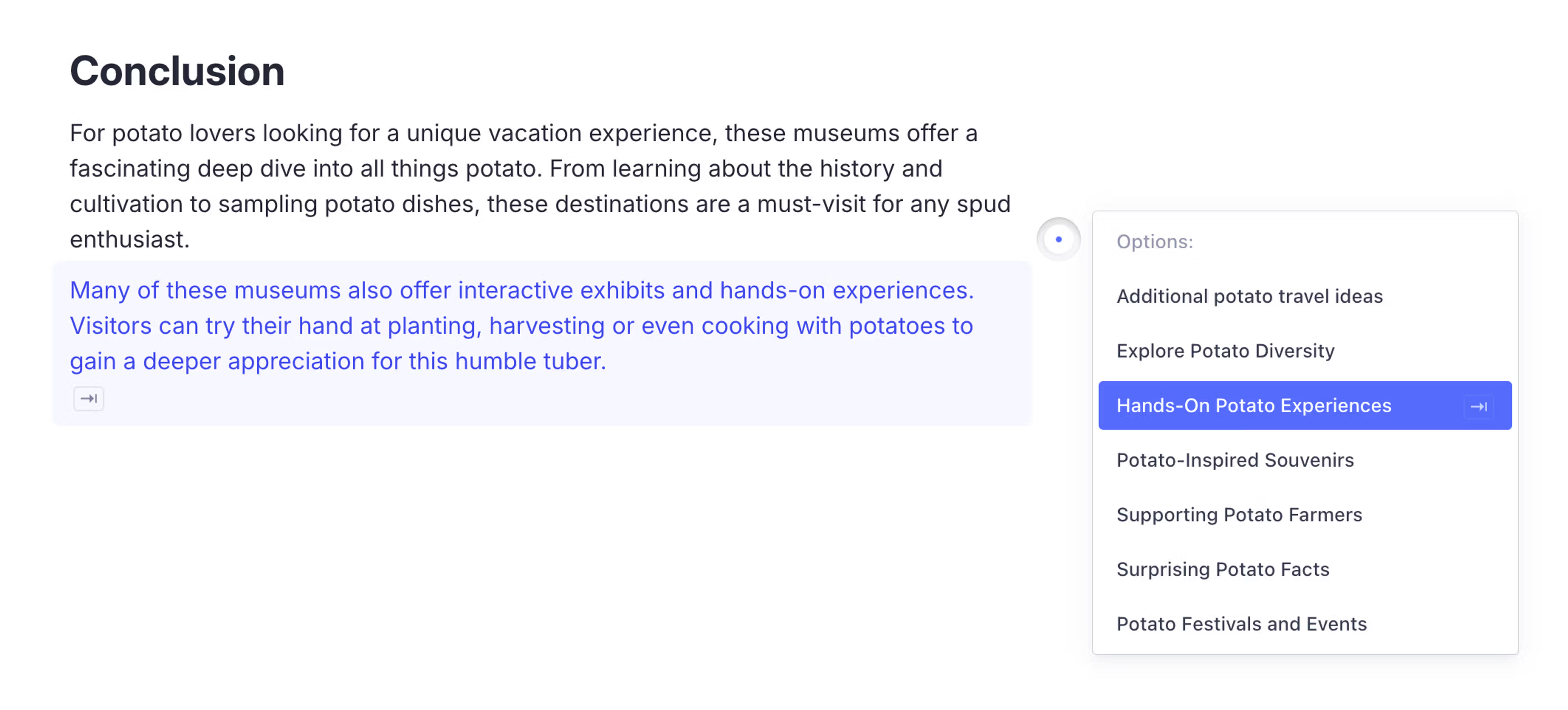 A webpage showing a "Conclusion" about potato museums, with text about interactive exhibits and a sidebar menu with "Hands-On Potato Experiences" highlighted.