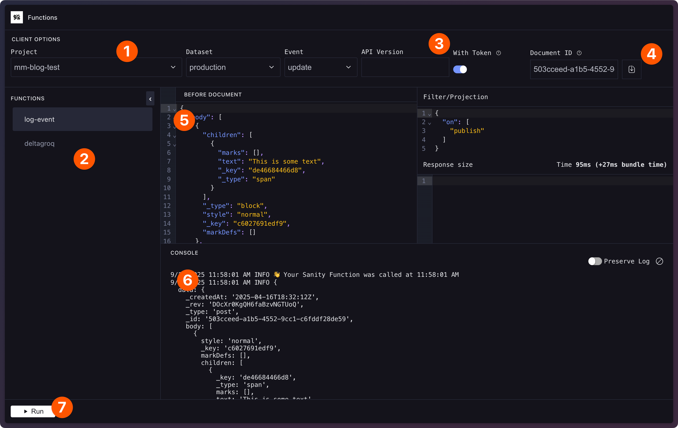 Screenshot of the Functions development playground with seven numbered callouts: (1) the Project, Dataset, Event, and API Version selectors under Client Options; (2) the Functions list; (3) the With Token toggle; (4) the Document ID field and Fetch Document button; (5) the document editor panel, here showing Before Document for an update event; (6) the Console with the Preserve Log toggle; (7) the Run button.