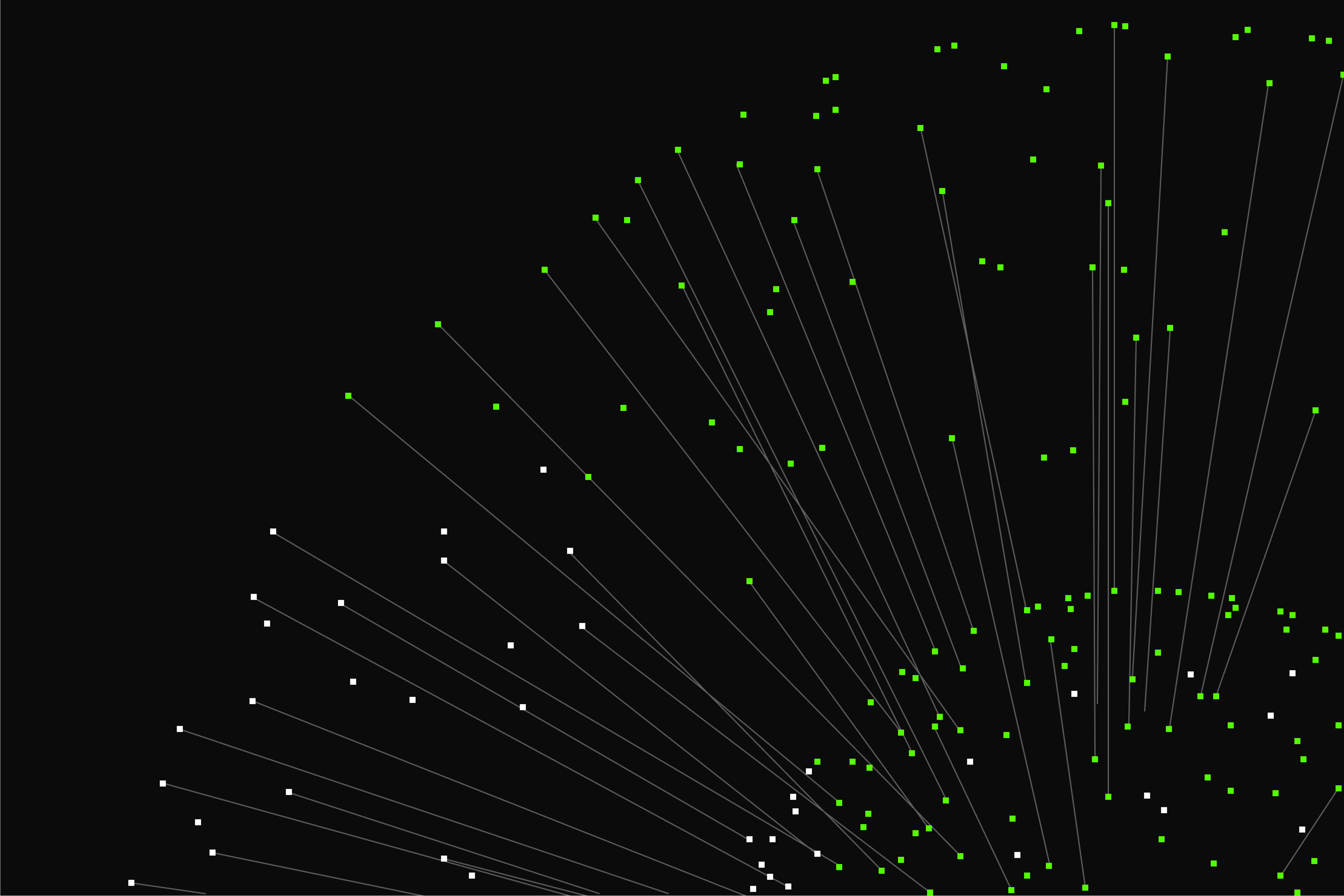 a black background with white lines and green dots