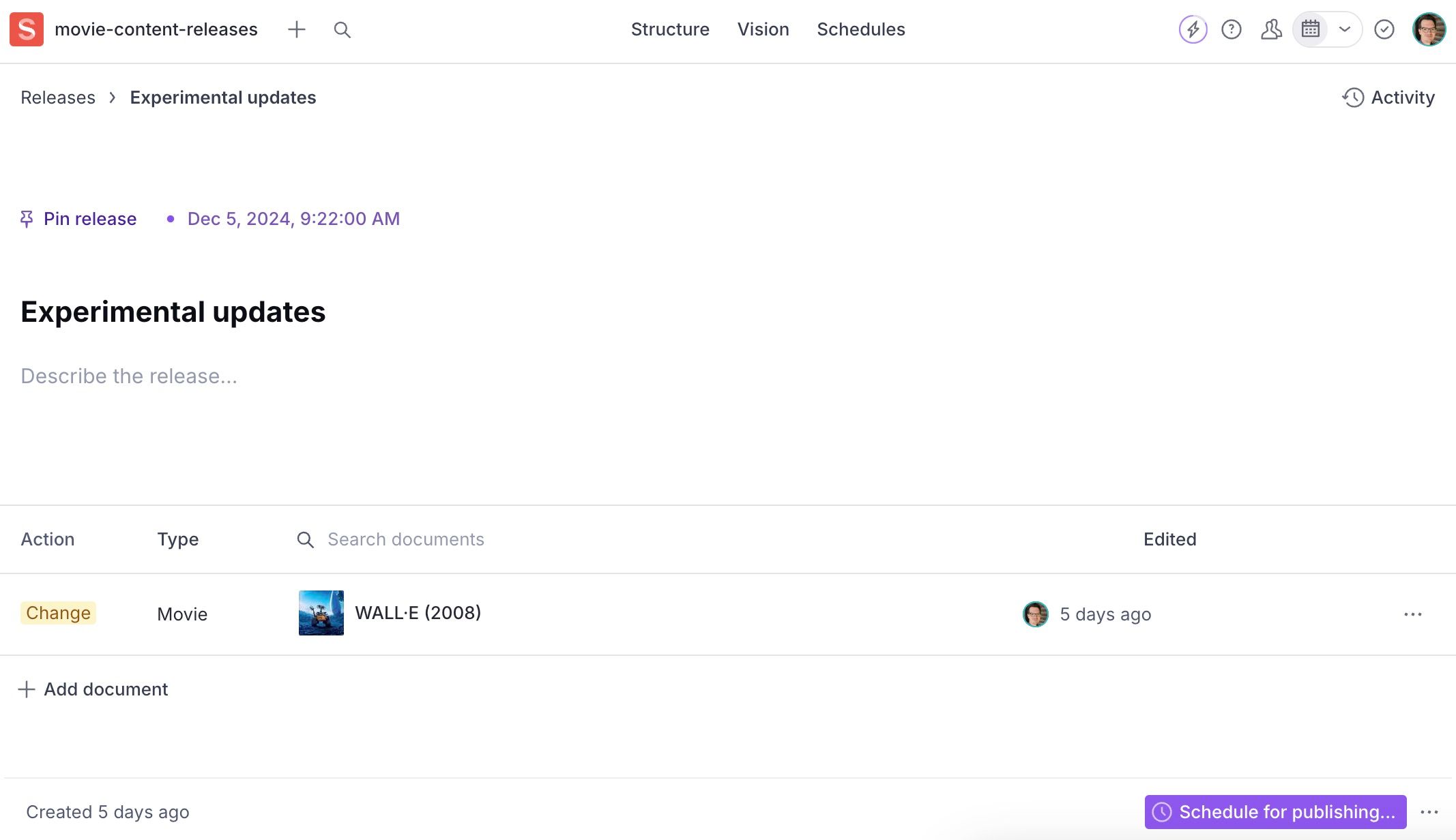The release screen with the Schedule release button in the bottom left