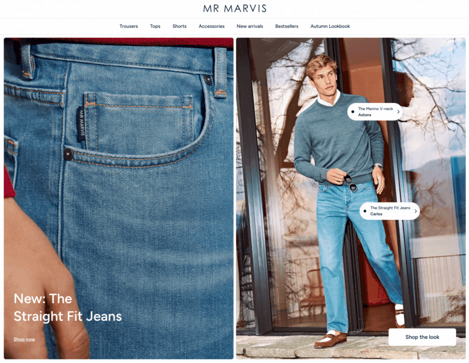 Image of man wearing jeans on the mr marvis website with "shop this look" button
