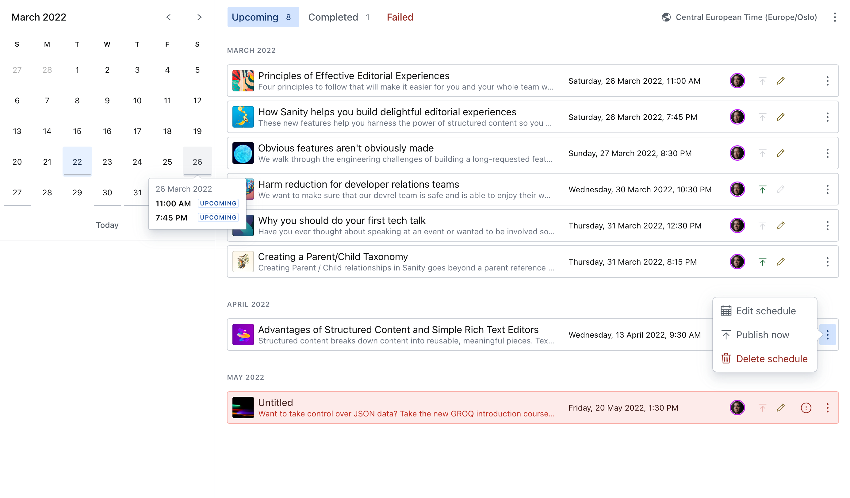 Shows the Scheduled publishing interface in Sanity Studio