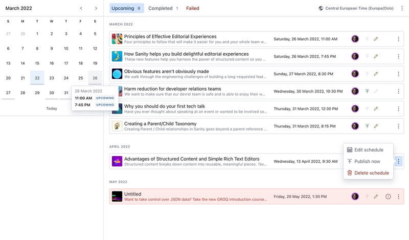 Shows the Scheduled publishing interface in Sanity Studio